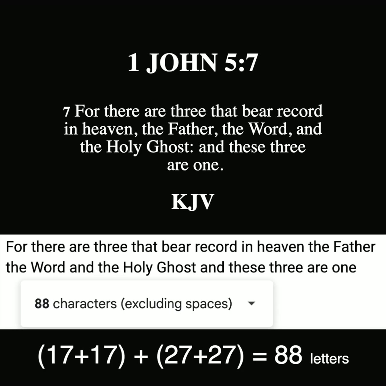 요한일서 5:7의 88자를 앞의 두 구절의 모음·자음 수 합계와 연결한다.