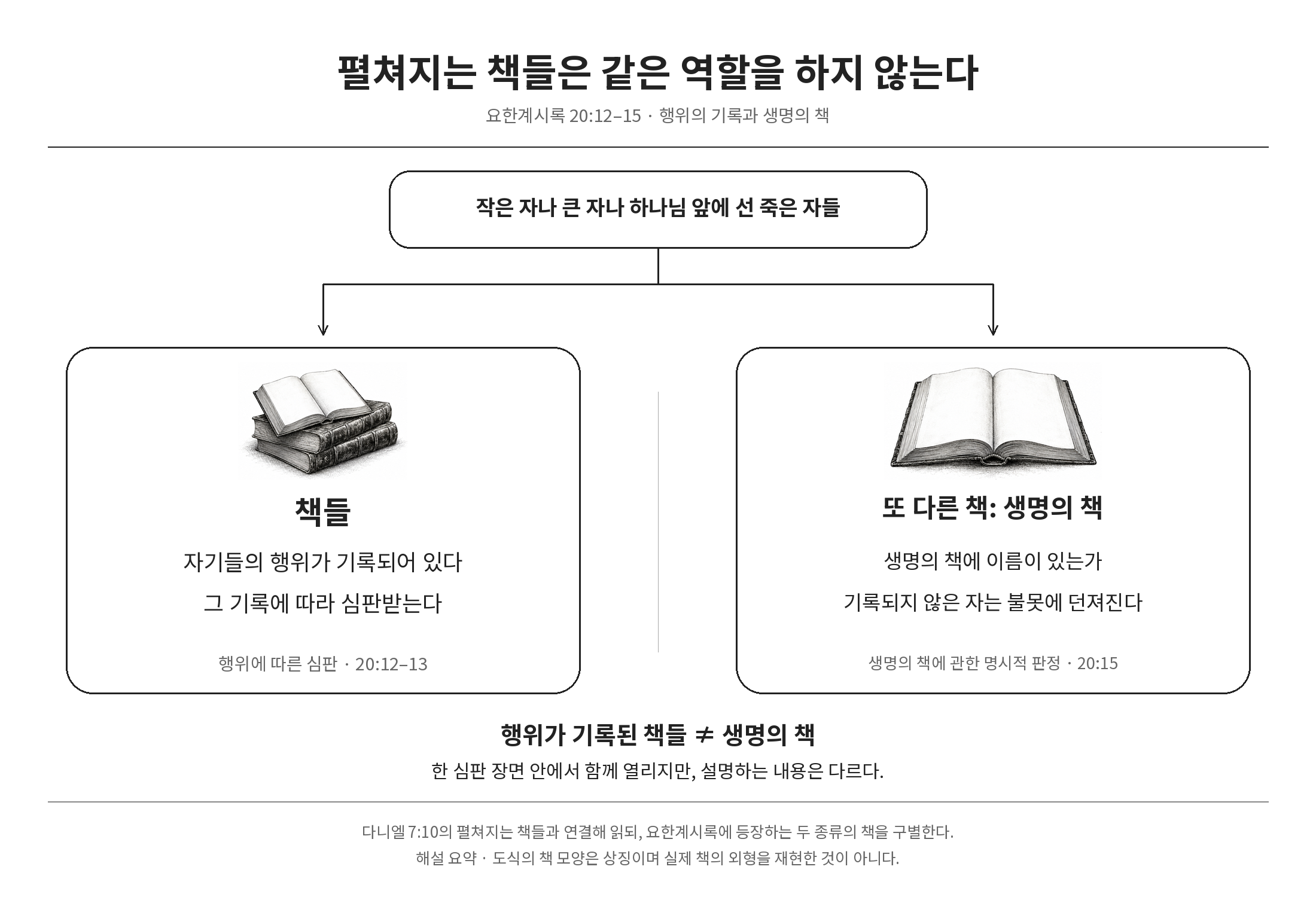 백보좌 앞에 펼쳐지는 행위의 책들과 생명의 책의 역할