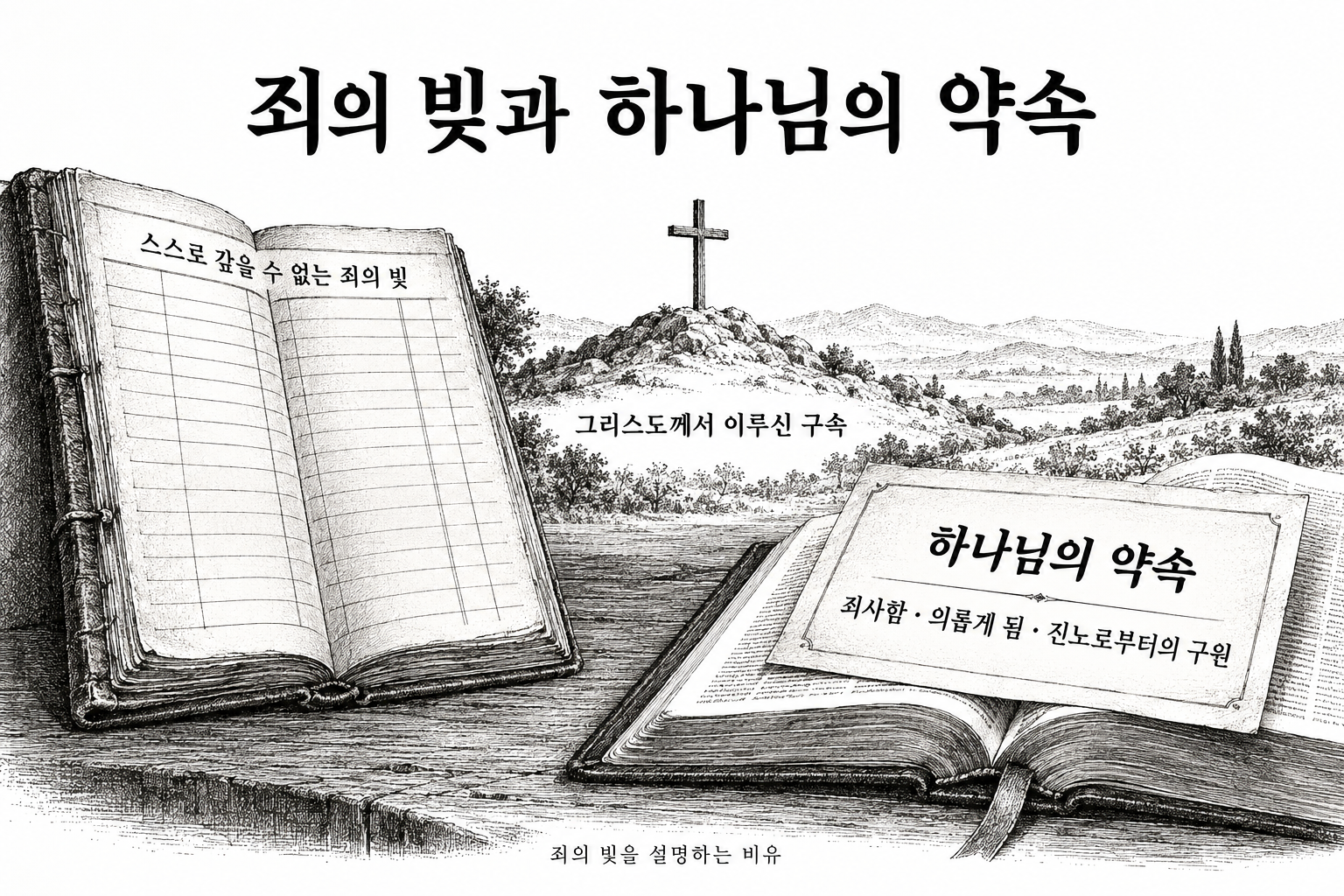 죄의 빚과 그리스도의 구속, 하나님의 약속을 영수증에 빗댄 삽화