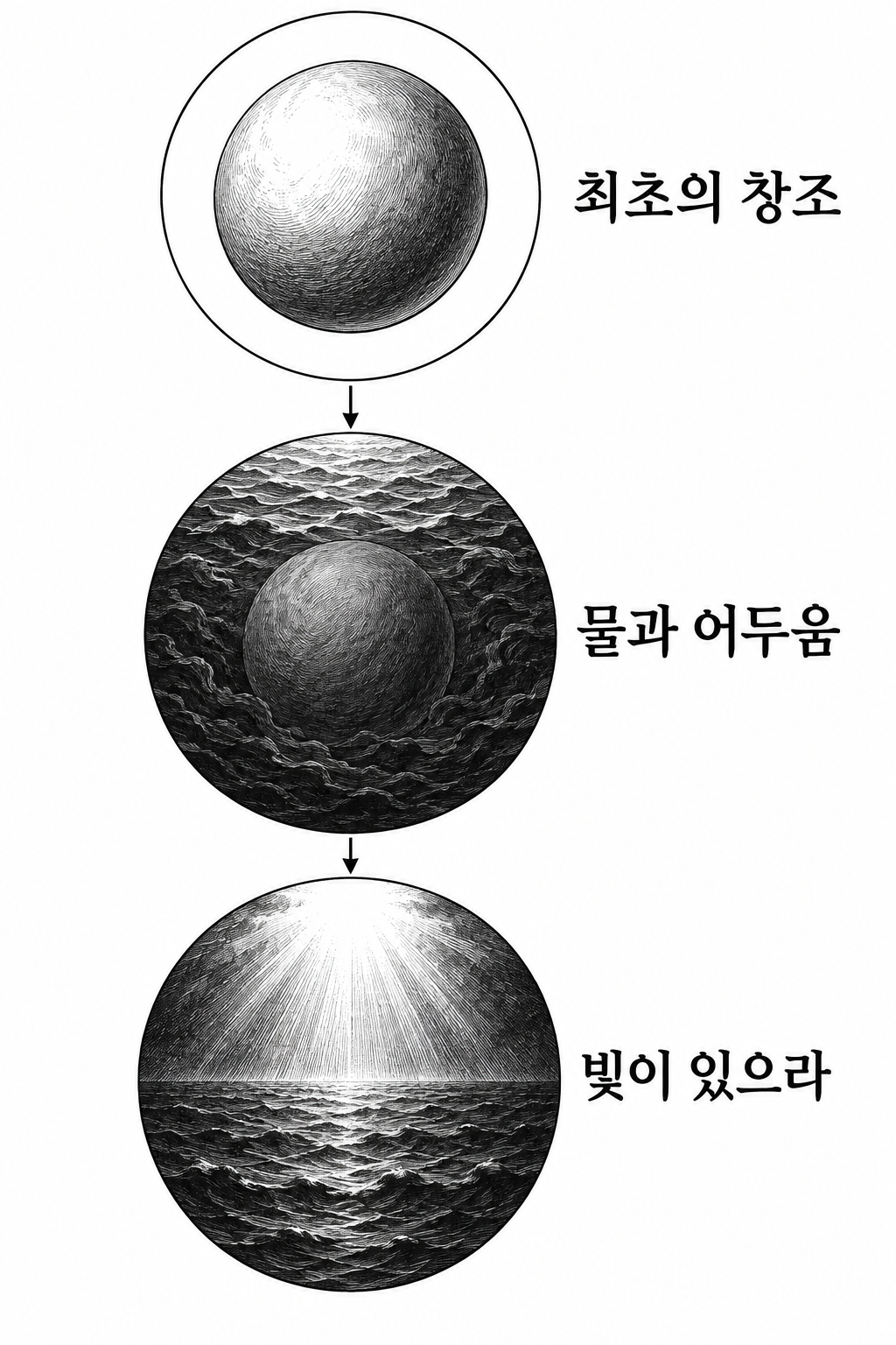 최초의 창조와 물·어두움, 빛의 출현