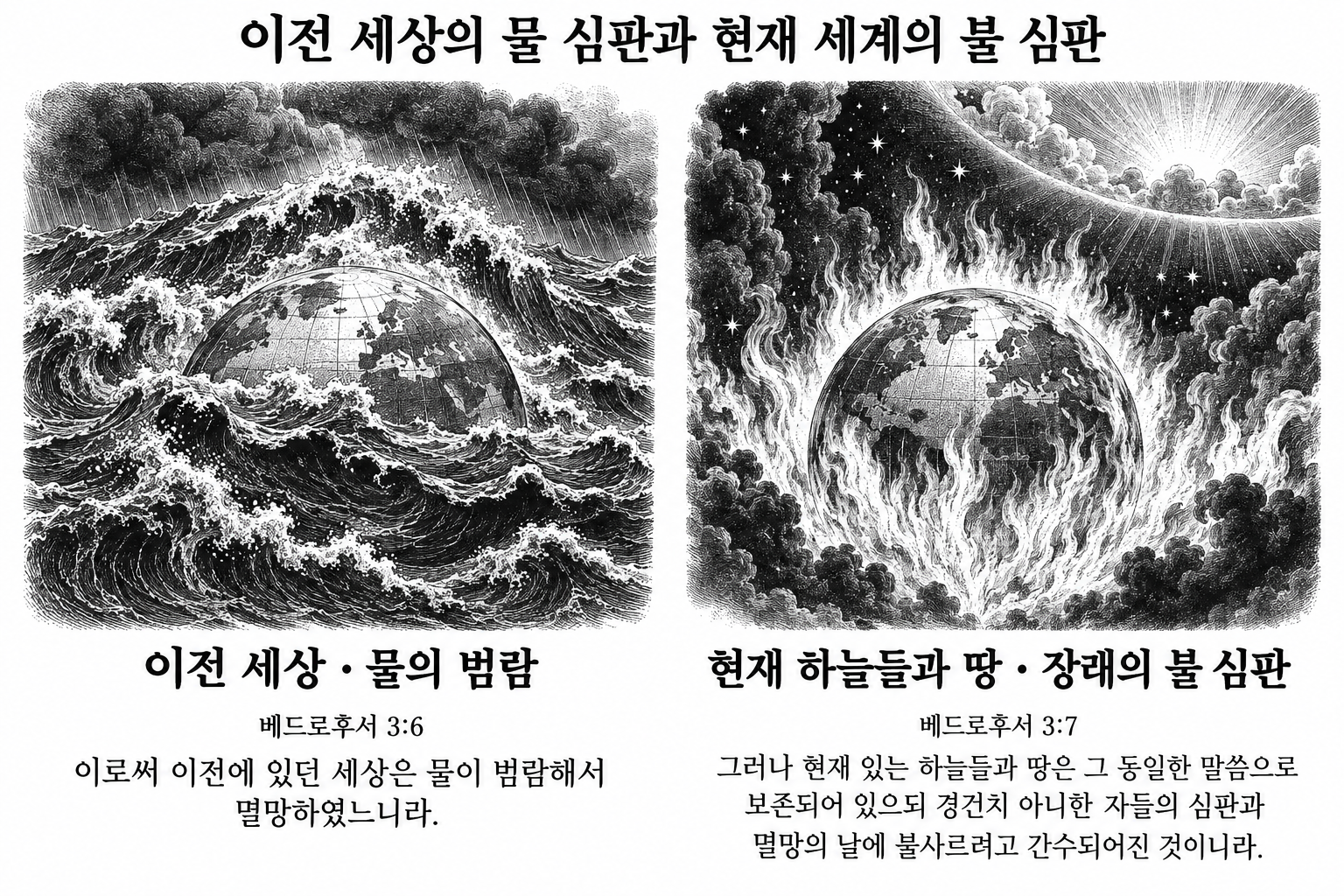 이전 세상의 물 심판과 현재 하늘들과 땅의 장래 불 심판