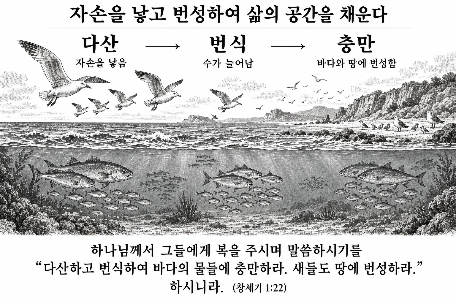 다산하고 번식하여 바다와 땅에 충만해지는 생물