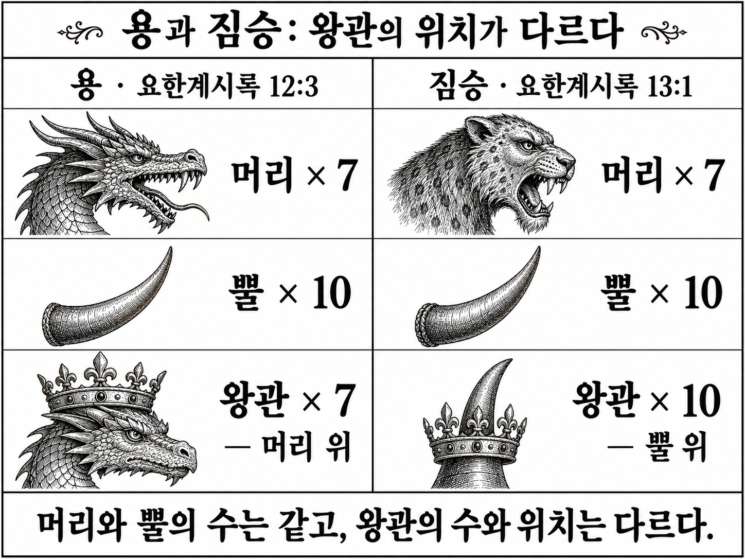 용과 짐승의 머리·뿔·왕관 비교