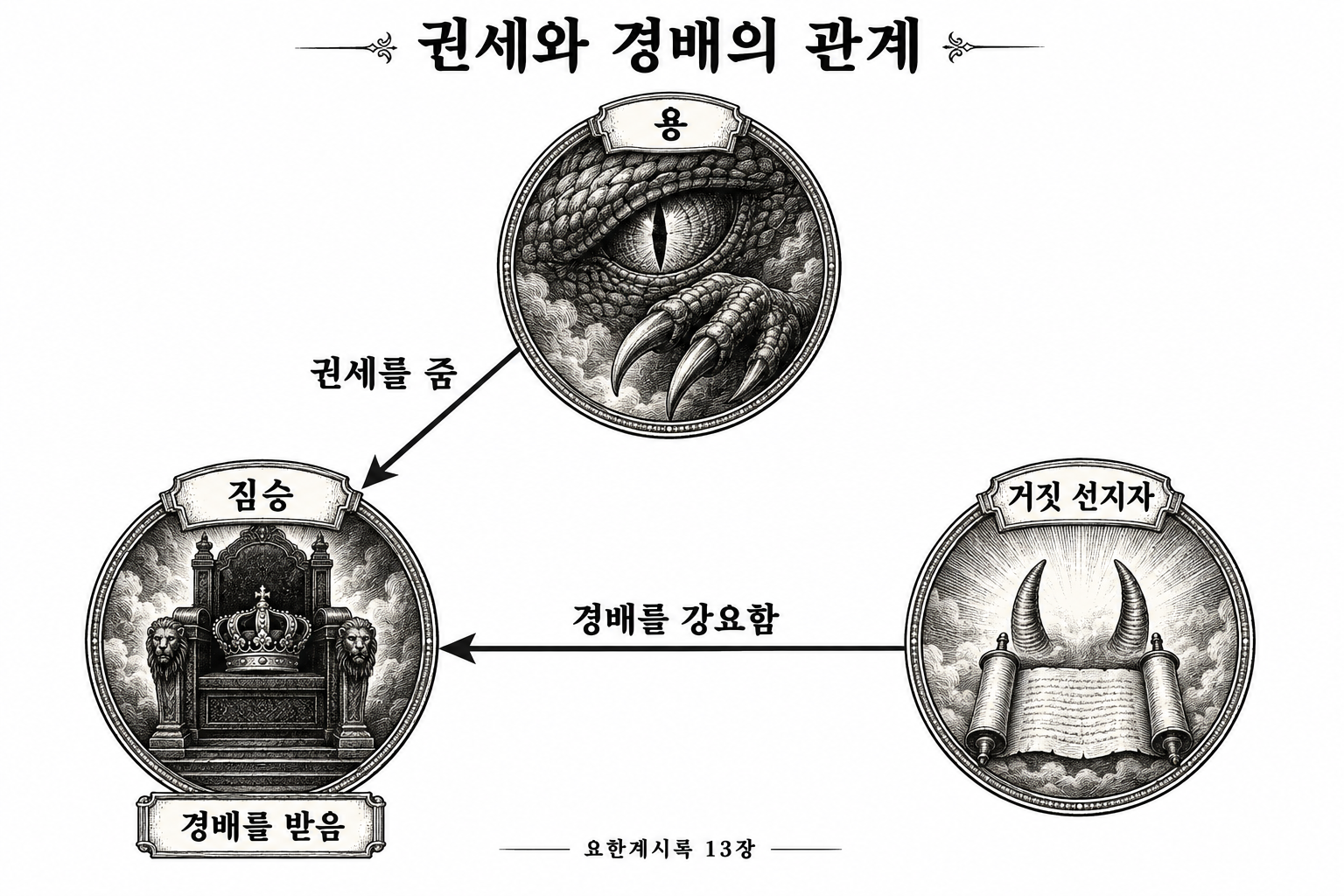 용의 권세, 짐승에 대한 경배, 거짓 선지자의 강요