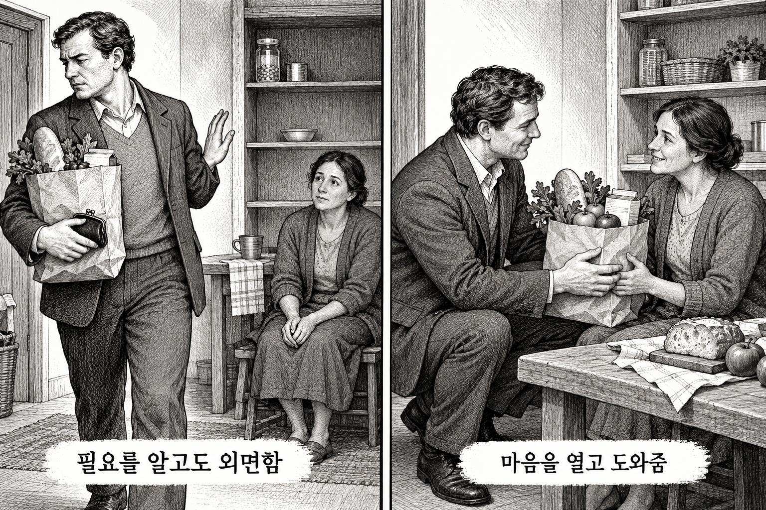 형제의 필요를 외면하는 행동과 실제로 돕는 행동의 대비