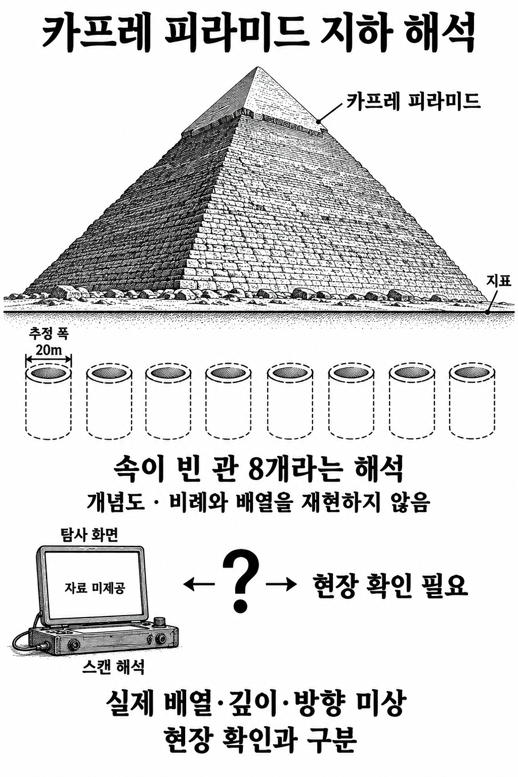비온디가 주장한 여덟 관형 구조물과 아직 필요한 현장 확인을 구분한 개념도.