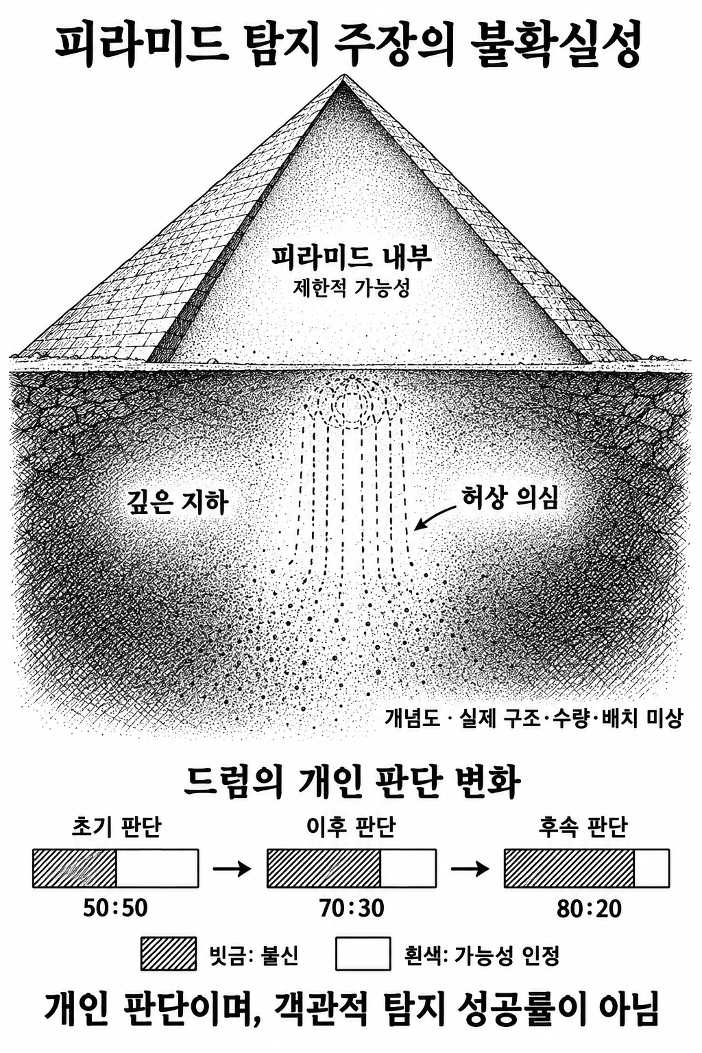 내부 탐지 가능성과 깊은 지하 탐지에 대한 의심을 구분하고 드럼의 신뢰 변화를 보여주는 그림.