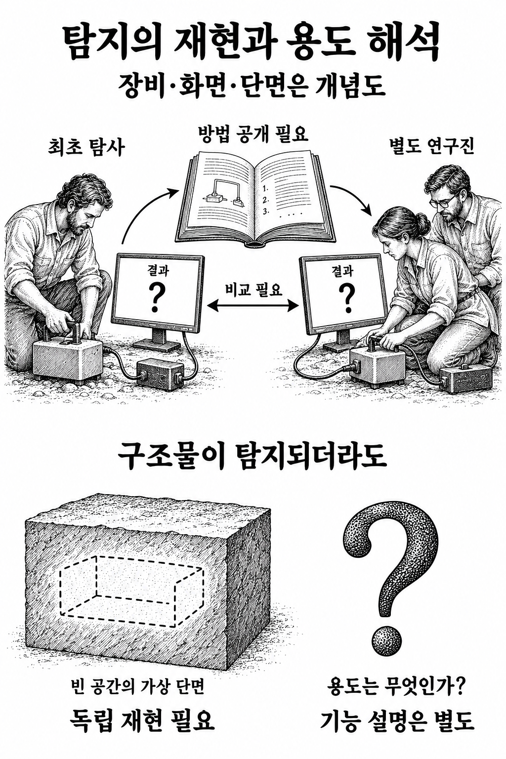 탐지 방법의 공개와 독립 재현, 발견된 구조물의 기능 해석을 구분한 연구 과정.