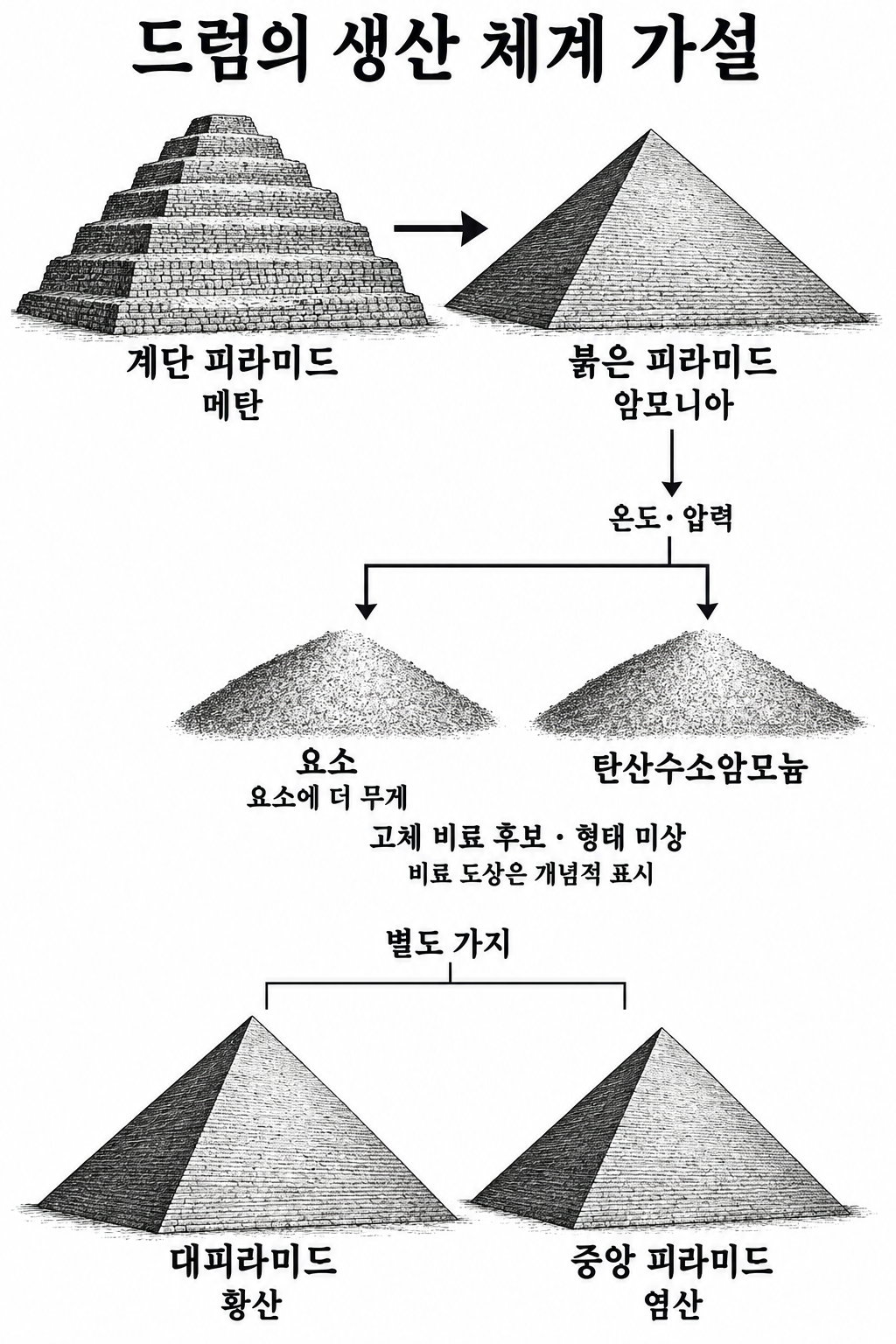 메탄에서 암모니아와 비료로 이어지는 흐름 및 별도로 제안된 황산·염산 생산시설.