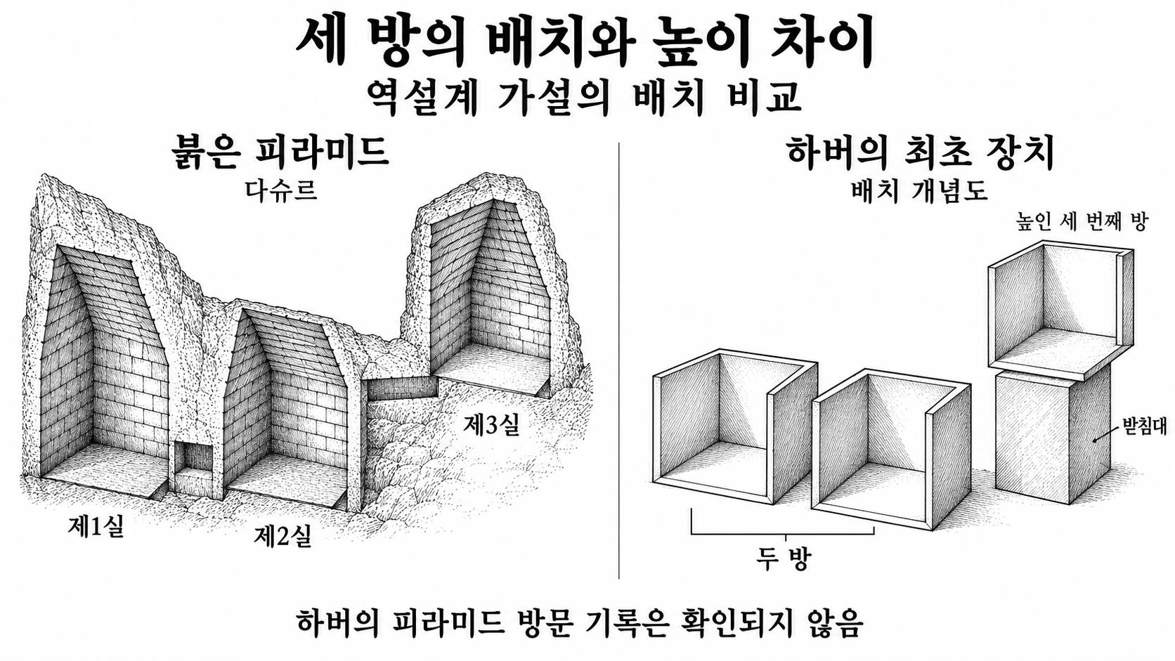 붉은 피라미드의 세 방과 하버 장치의 두 낮은 방·한 높은 방 배치를 비교한 개념도
