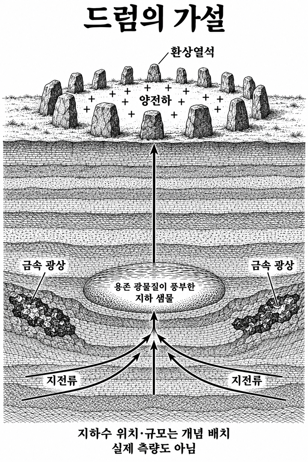 광물질이 풍부한 지하 샘물이 지전류를 모아 환상열석의 지표 전하와 연결된다는 가설.