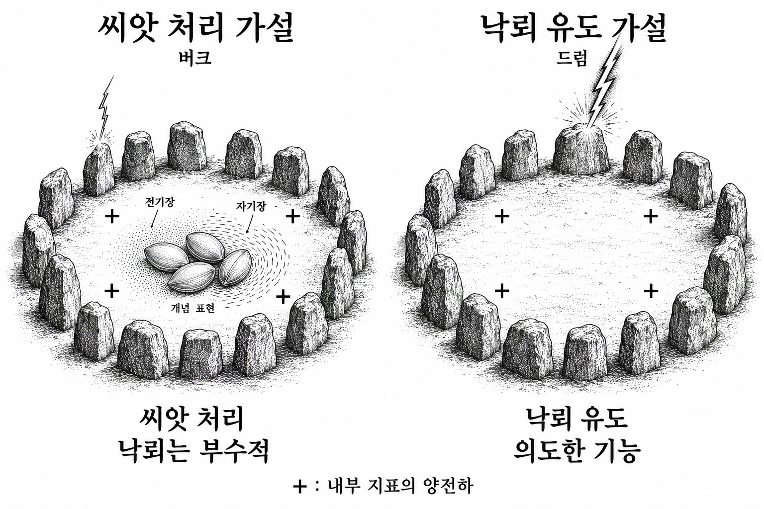 같은 환상열석의 양전하를 씨앗 처리와 낙뢰 유도라는 서로 다른 목적으로 해석한 비교.