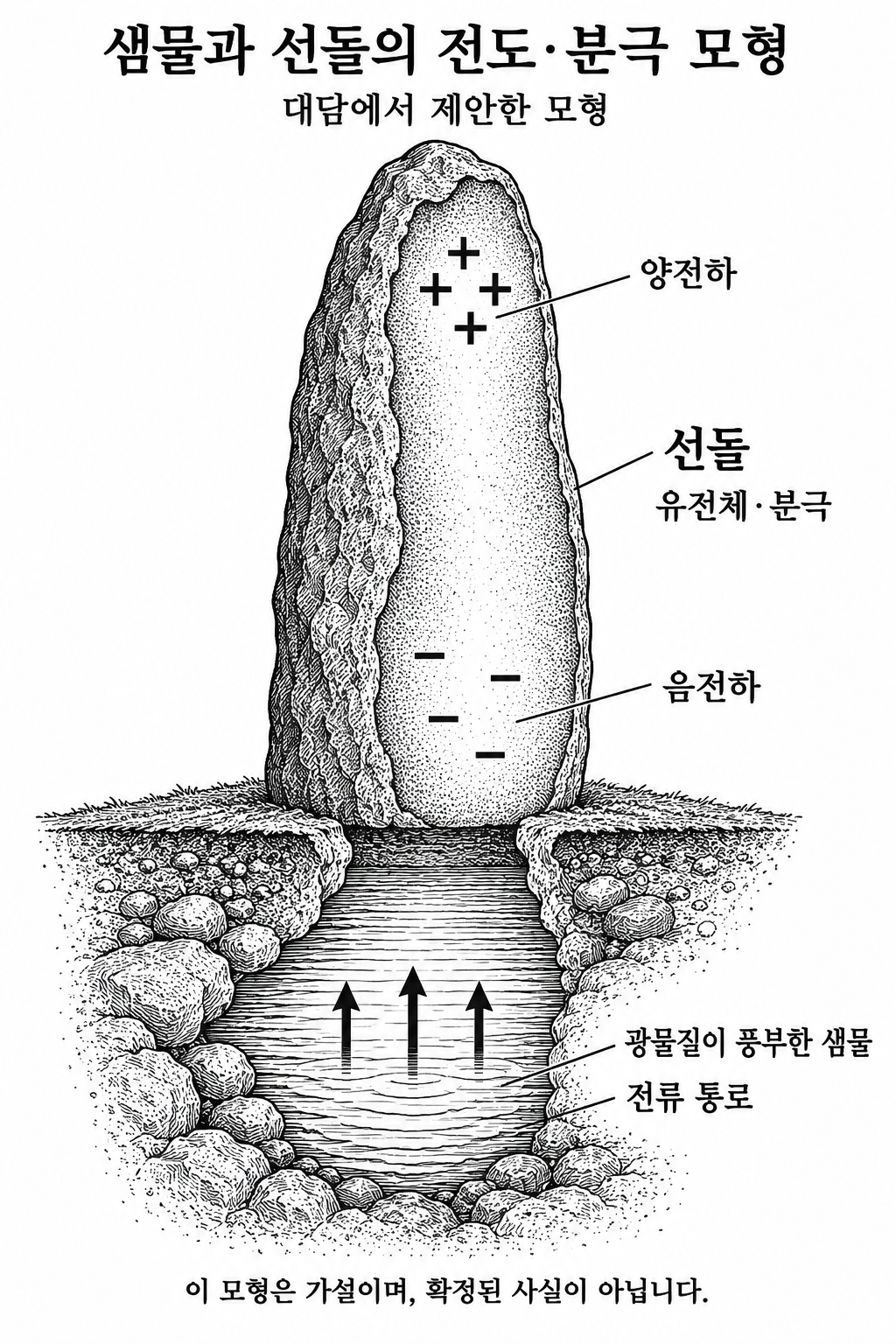 광물질 함유 샘물의 전류 흐름과 유전체 돌 내부의 전하 분리를 구분한 확대도.