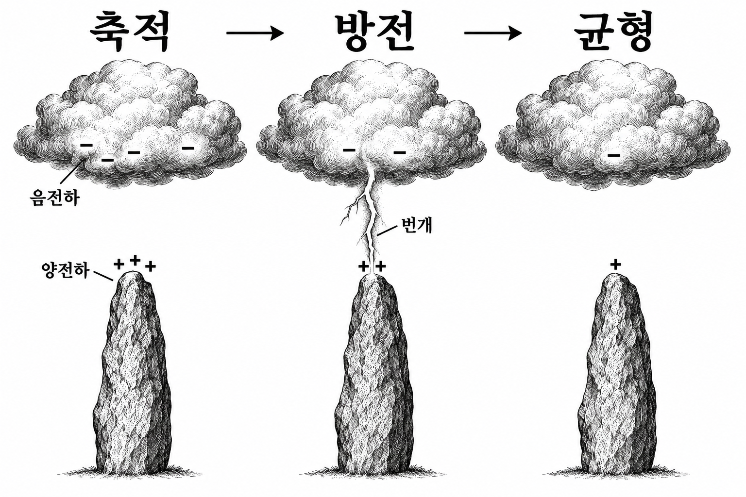 대담의 설명에 따른 돌 꼭대기의 양전하 축적과 구름에서 지표로의 방전 과정.