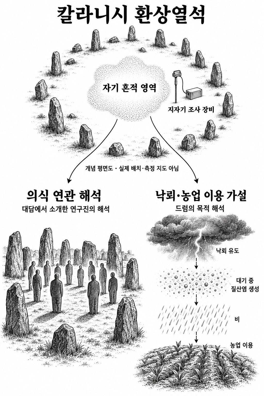 환상열석 중심의 낙뢰 흔적에 관한 보고와 의식·농업이라는 목적 해석의 차이.