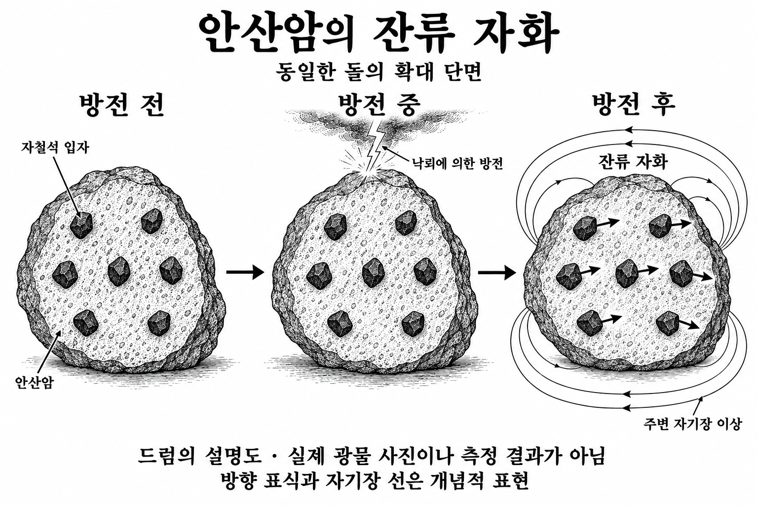 낙뢰 이후 안산암 속 자철석에 자화가 남아 자기장 이상으로 이어진다는 설명.