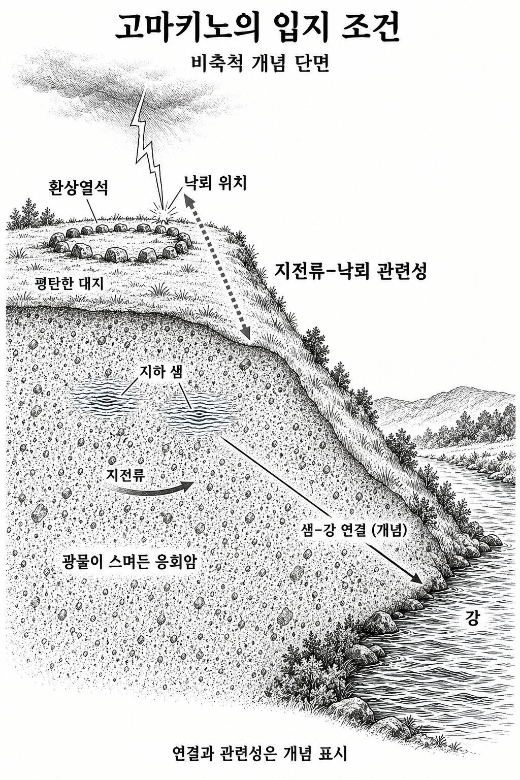 고마키노의 환상열석 아래 물·광물·지전류와 강의 연결을 보여주는 입지 개념도.