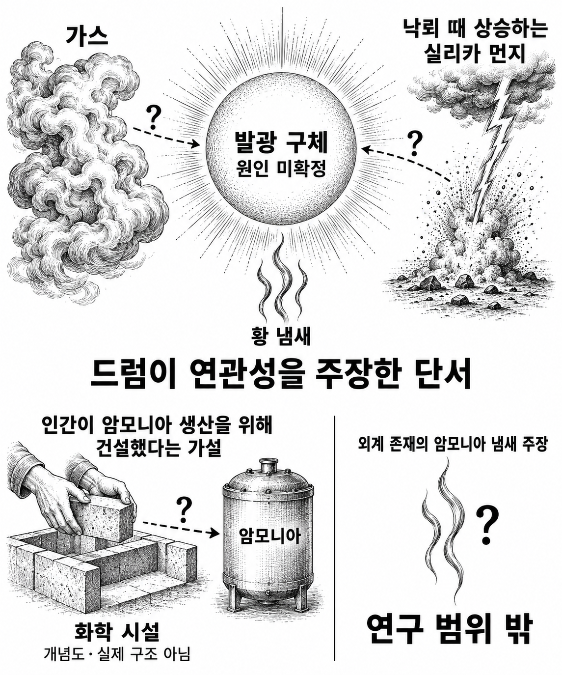 구형 번개의 원인 후보와 황 냄새의 연관 주장, 암모니아 목격담에 대한 연구 범위의 구분.
