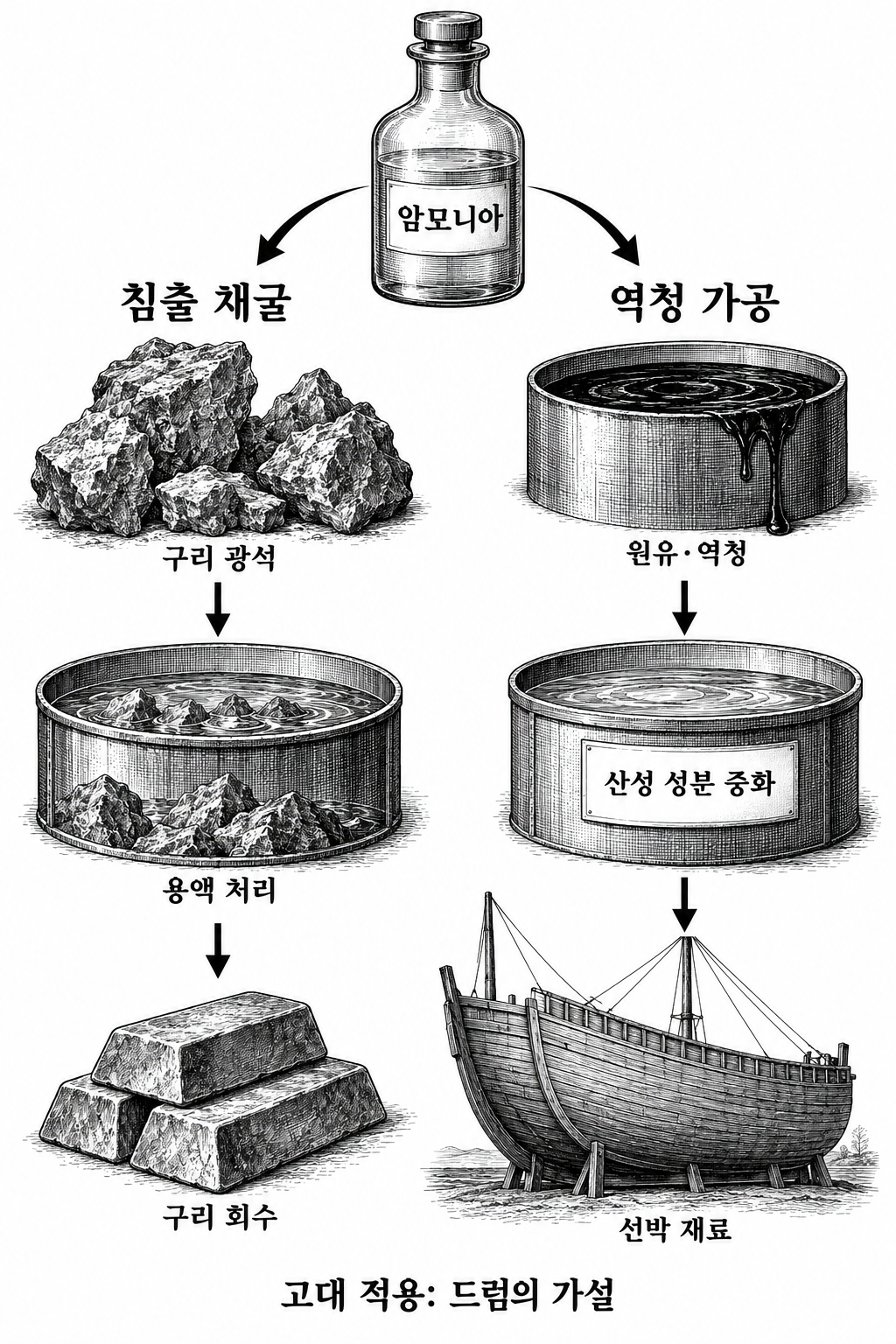 드럼이 암모니아의 고대 수요처로 제안한 구리 침출 채굴과 선박용 역청 가공.