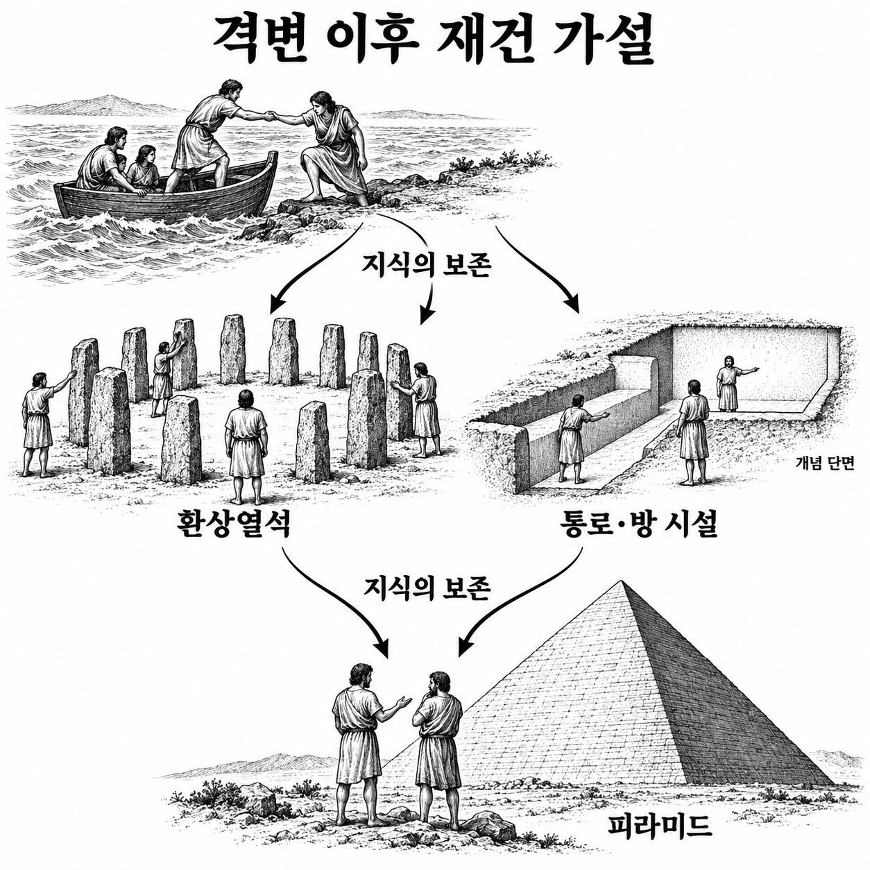 생존자들이 배로 이동하며 지식을 보존하고 단순한 석조 시설에서 피라미드로 발전시켰다는 재건 가설.