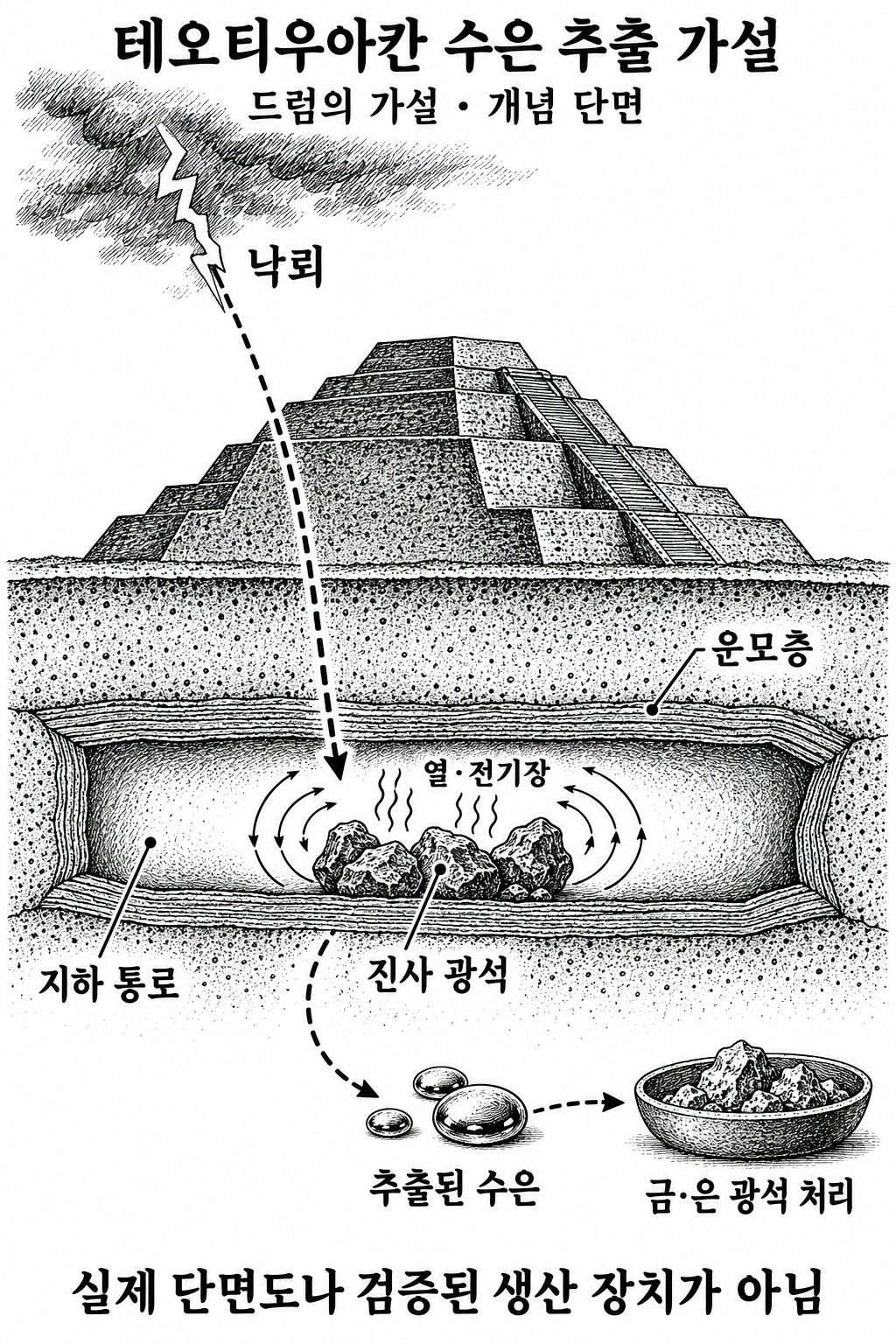 운모층이 에너지를 가두고 진사에서 얻은 수은을 금·은 광석 처리에 썼다는 가설.