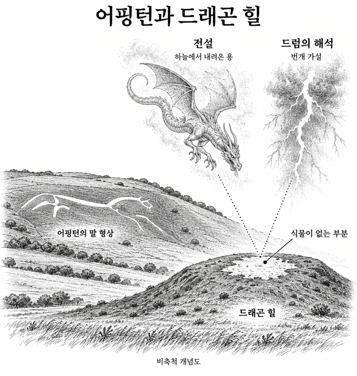 백마 언덕 옆 드래곤 힐의 용 전설을 낙뢰와 연결하는 해석.