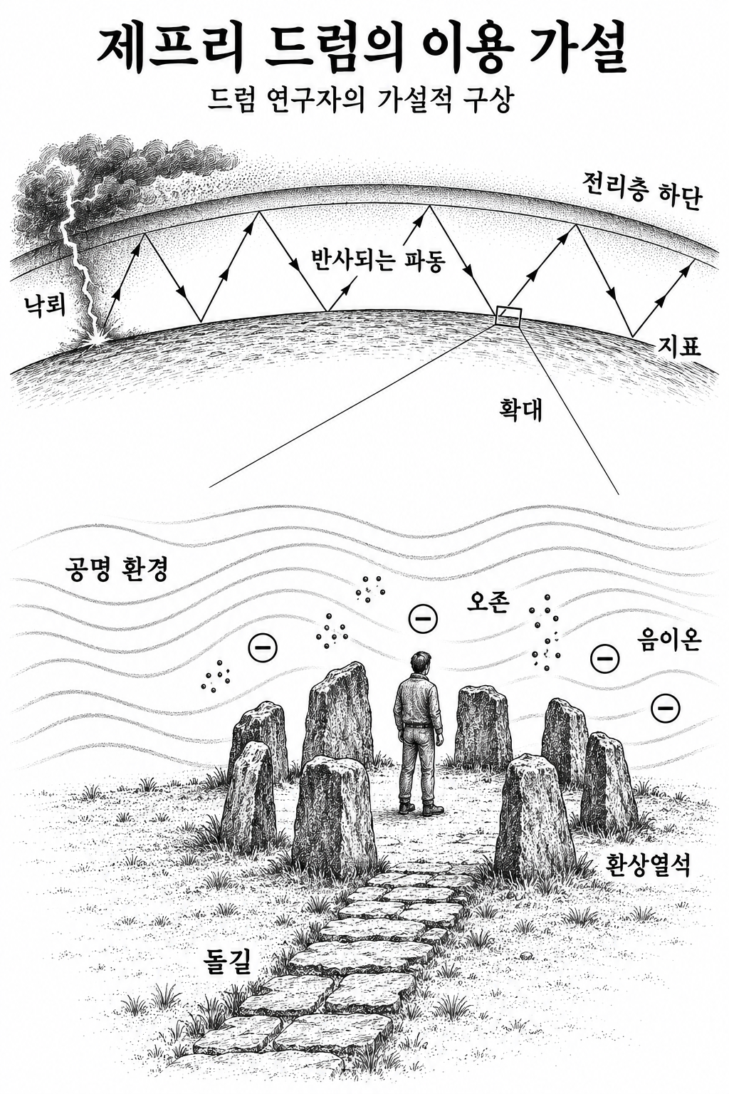 지표와 전리층 사이의 공명 환경을 작은 환상열석 안의 사람이 이용했다는 구상.