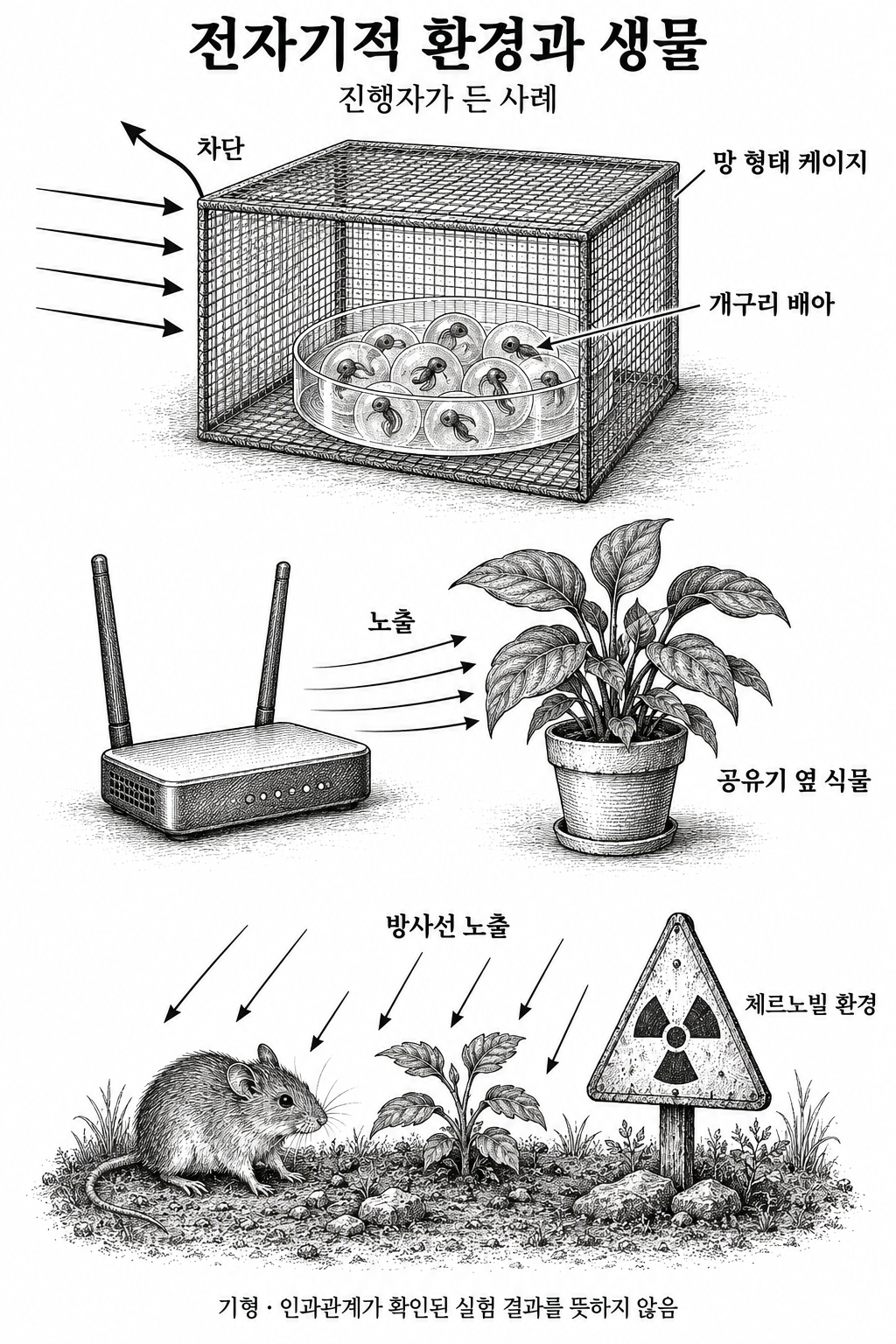 진행자가 생물의 성장과 연결해 제시한 전자기 환경의 차단 및 노출 사례.