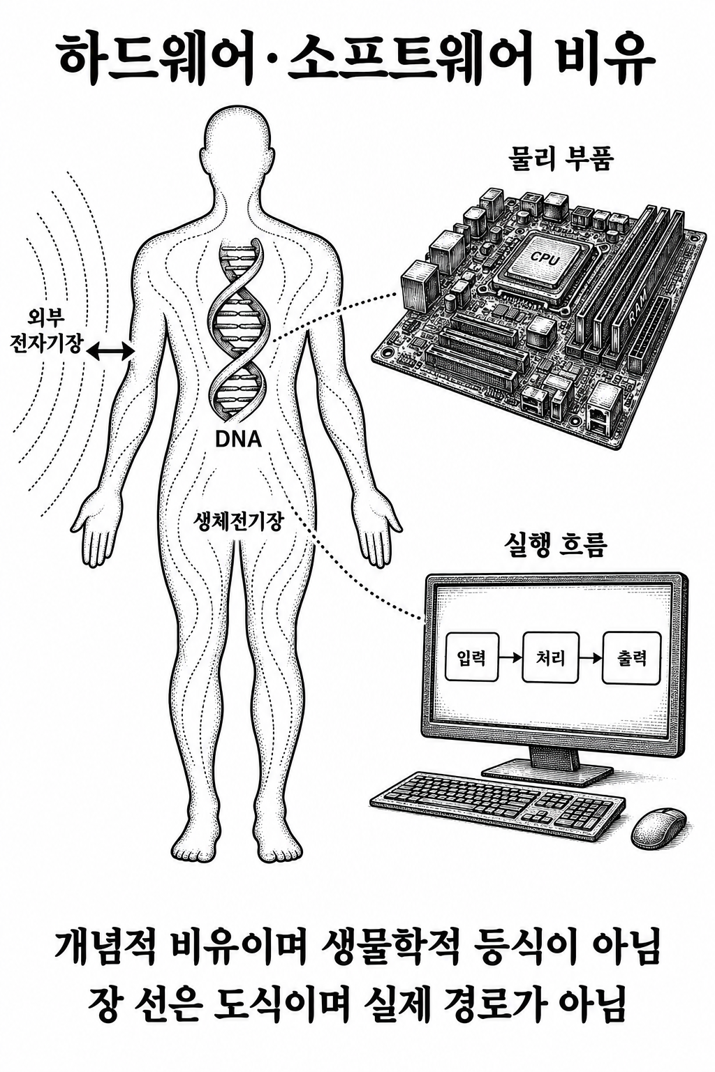 DNA와 생체전기장의 역할을 하드웨어와 소프트웨어에 빗대고 주변 환경과의 상호작용을 나타낸 그림.