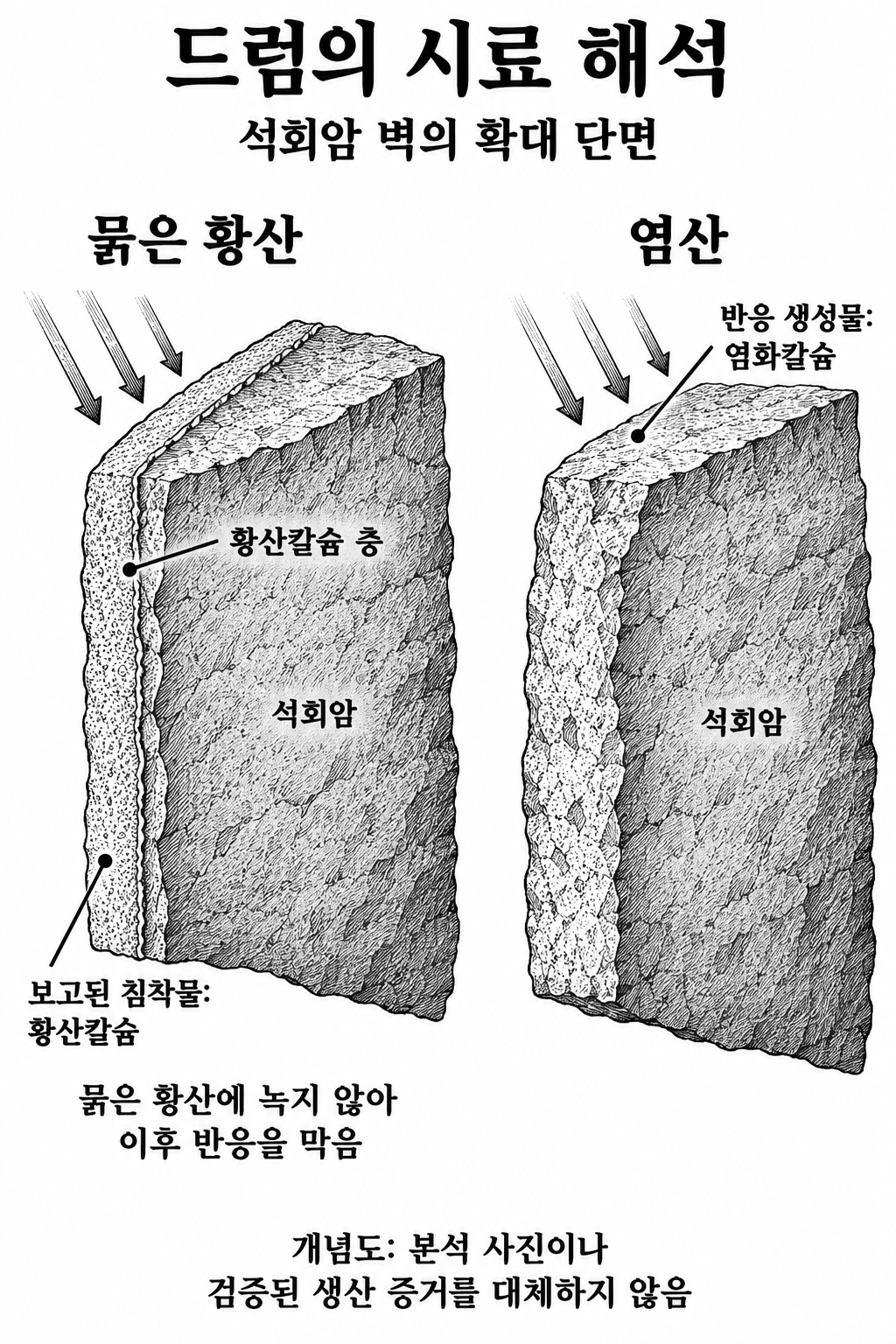 황산과 염산이 석회암에서 만드는 서로 다른 염 및 황산칼슘 보호 피막의 설명.