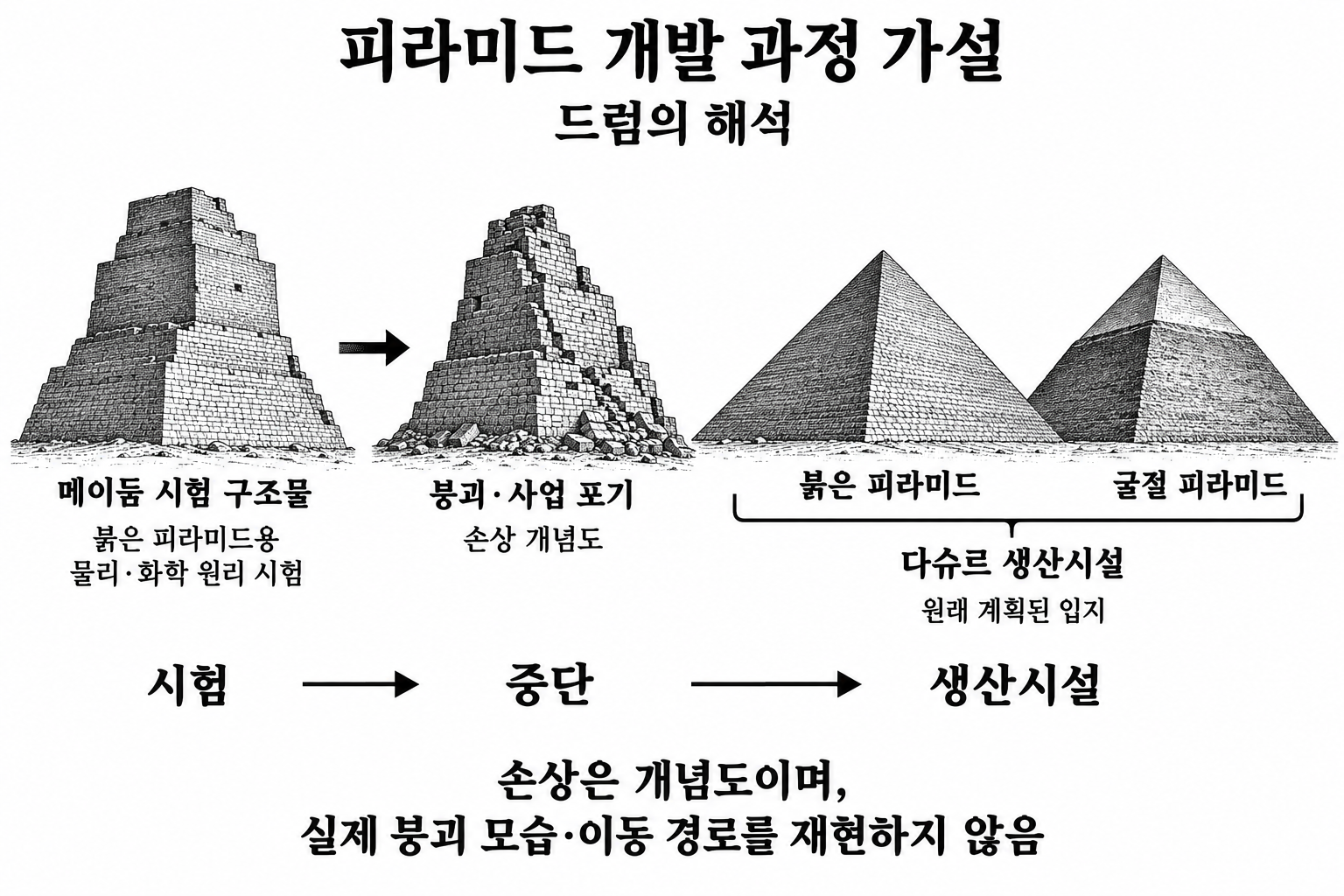 메이둠을 시험시설, 다슈르의 두 피라미드를 후속 생산시설로 보는 개발 순서.