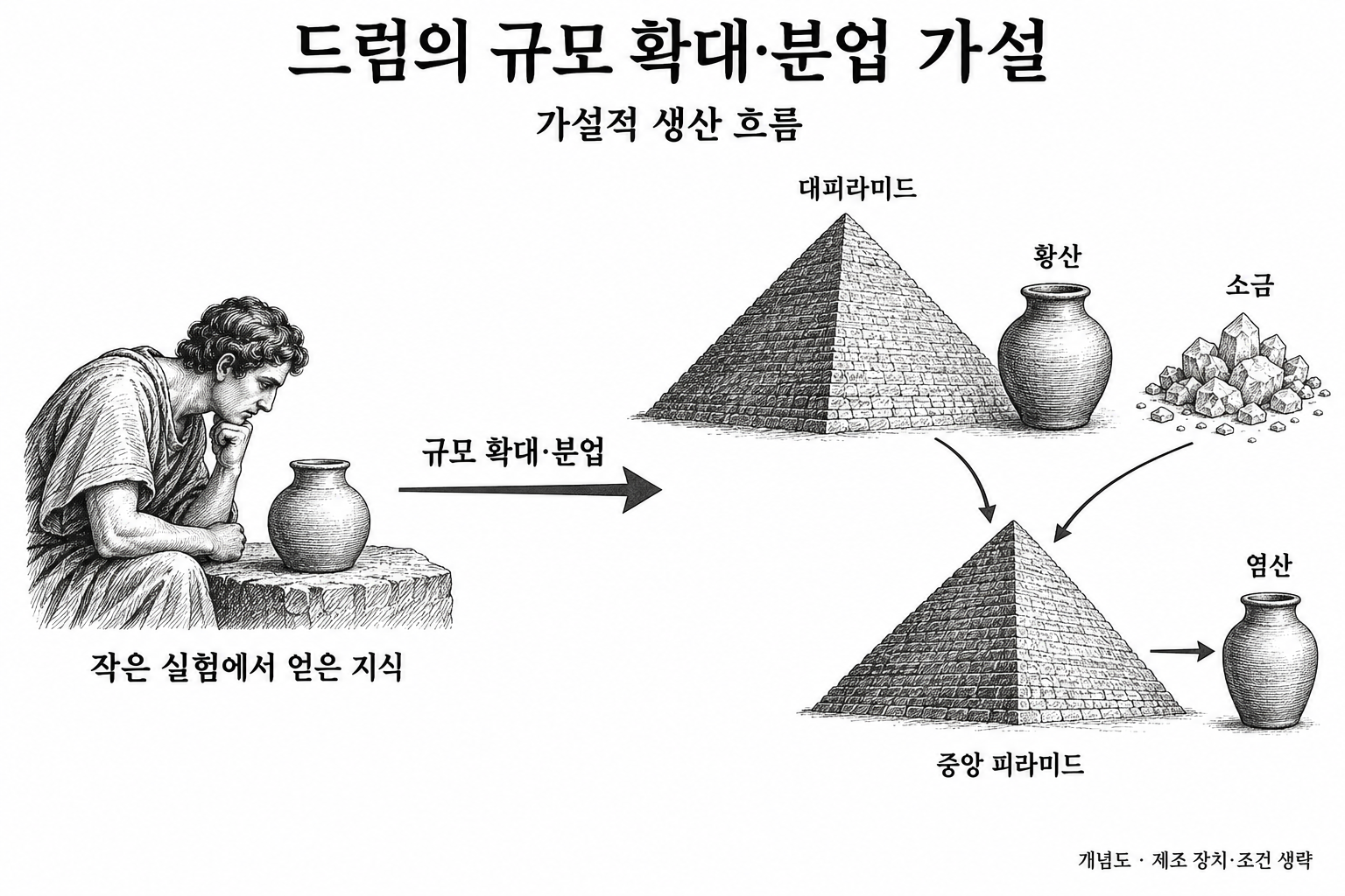 기초 실험의 규모 확대와 대피라미드·중앙 피라미드의 황산·염산 생산 분업 구상.