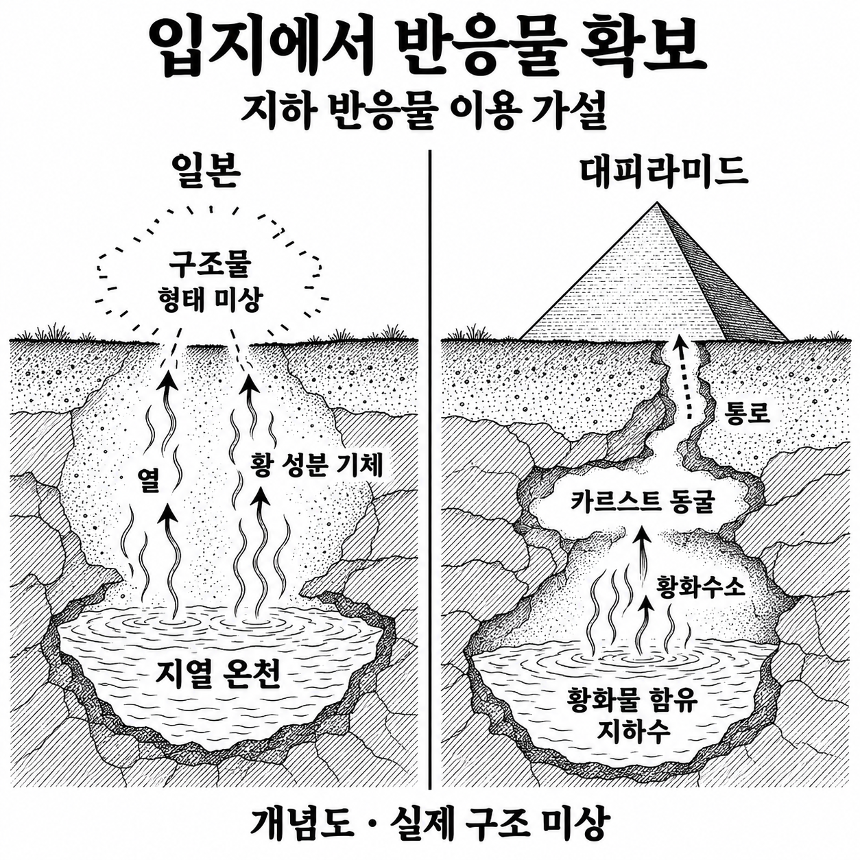 일본의 지열 온천과 기자의 지하수·동굴에서 반응물을 공급받았다는 입지 비교.
