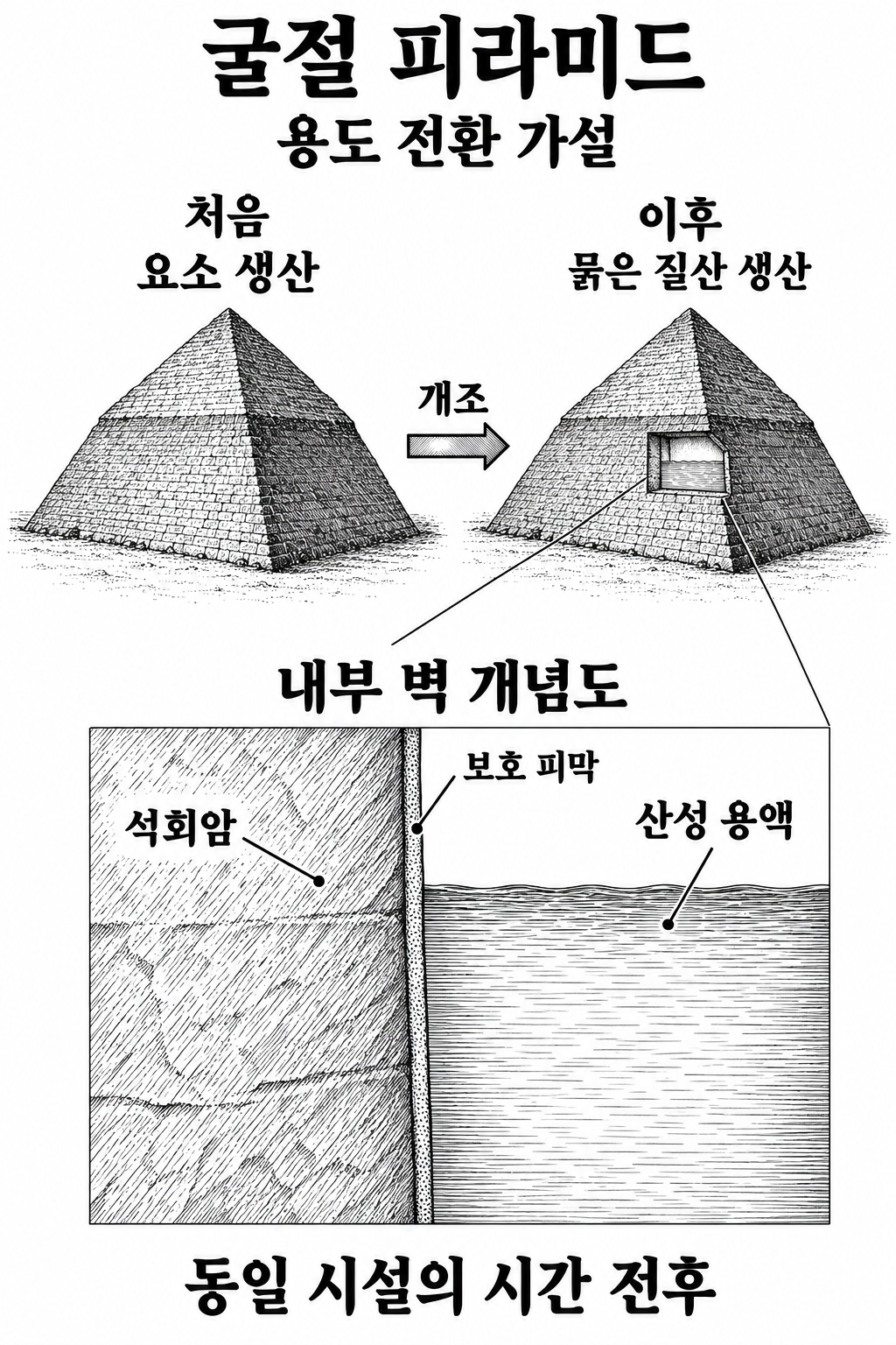 굴절 피라미드를 요소 생산에서 묽은 질산 생산으로 개조했다는 가설과 벽 보호 피막의 역할.