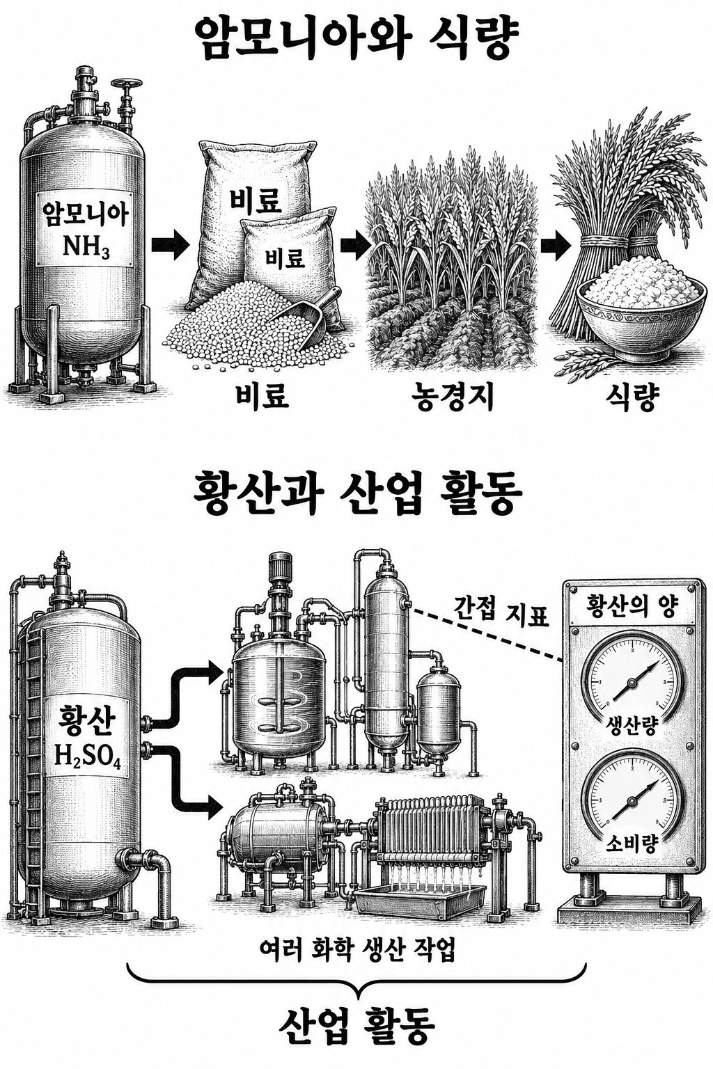 암모니아의 식량 생산 용도와 황산의 생산 원료·산업화 대리 지표 역할을 구분한 그림.
