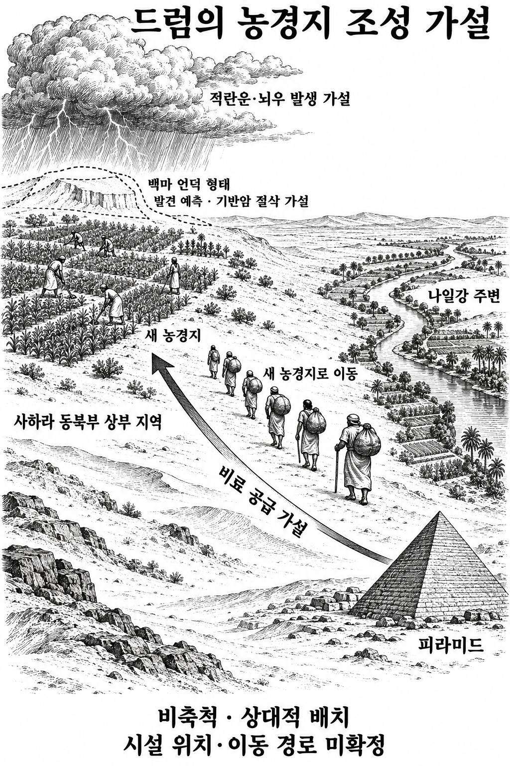 나일강 밖 사하라의 새 농경지에 강우와 비료를 함께 공급했다는 구상.