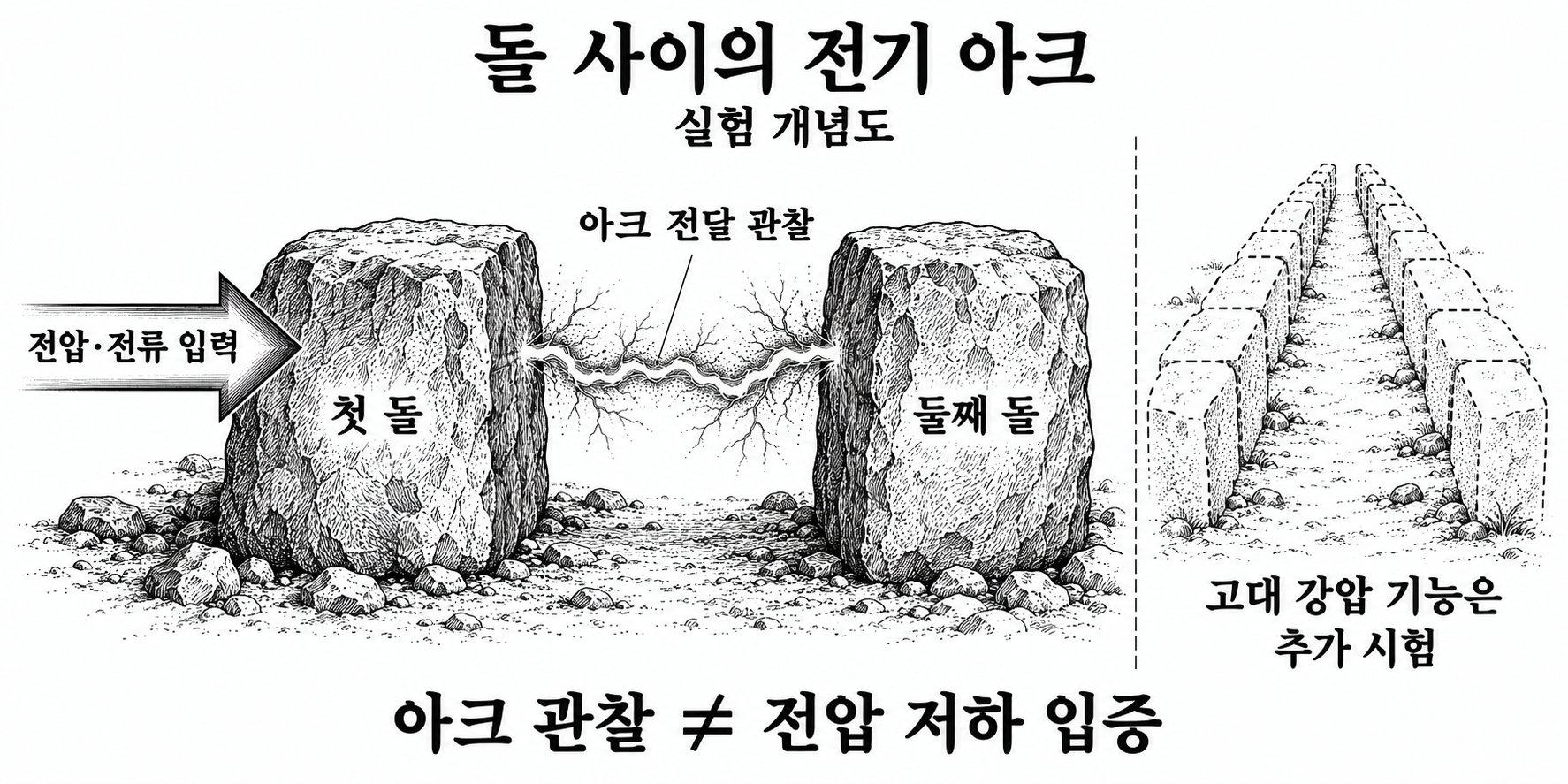 돌 사이 방전 시험이 고대 돌 통로의 강압 기능까지 곧바로 입증하는 것은 아님을 구분한 그림.