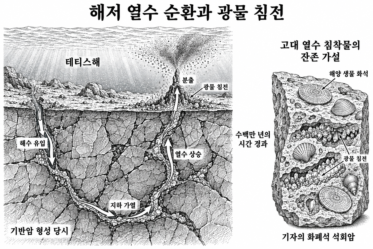 해저 암석 틈을 순환하는 열수의 광물 침전 과정과 기자 석회암 속 해양 화석