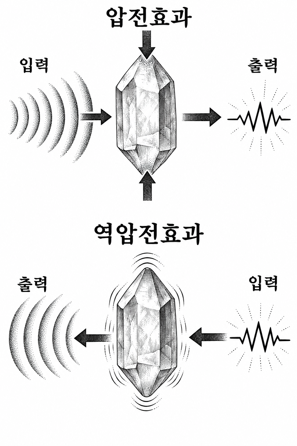 기계적 힘에서 전기로 가는 압전효과와 전기에서 진동으로 가는 역압전효과의 방향 비교.