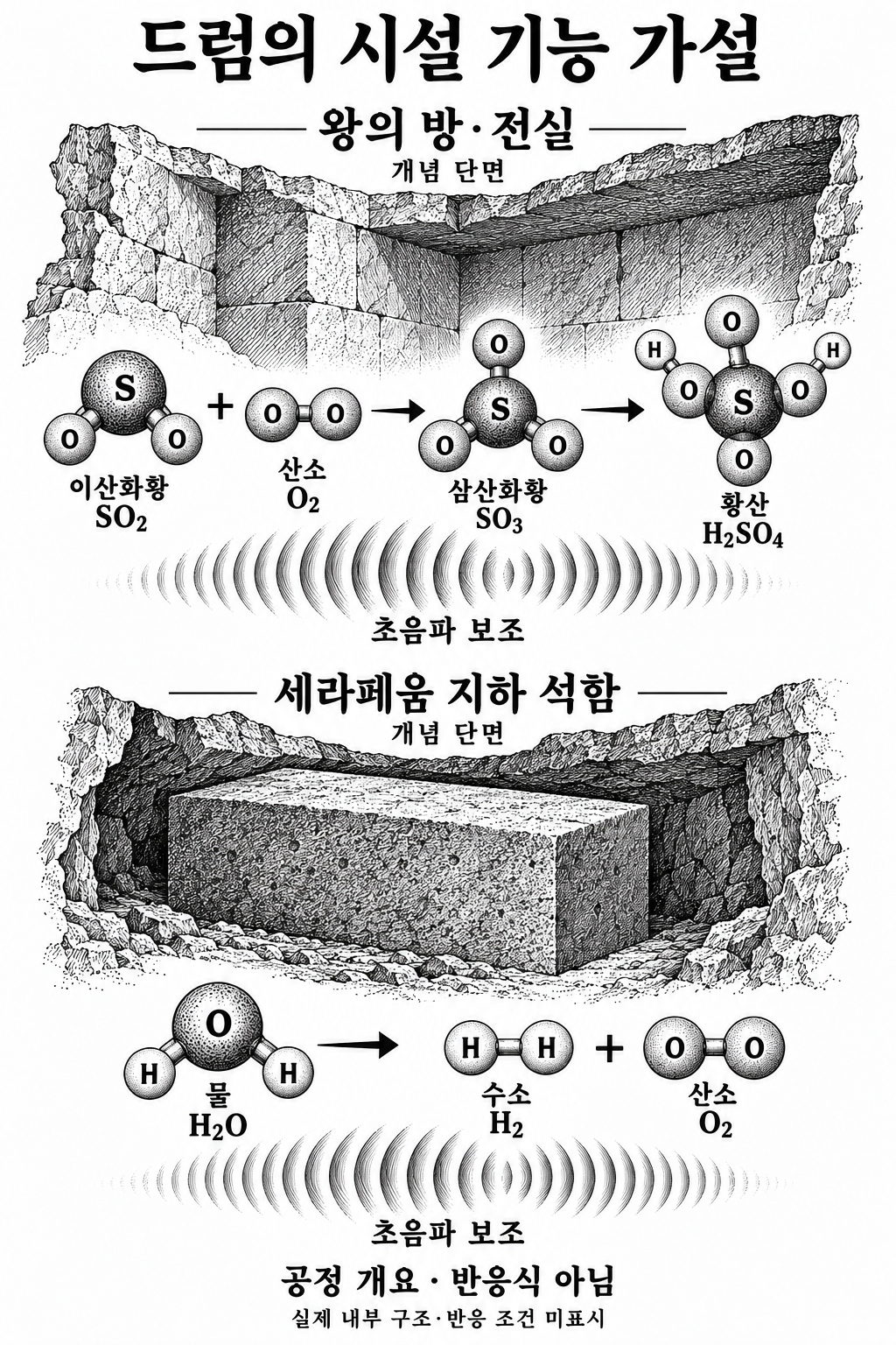 초음파를 황산 생산 반응 촉진과 물 분해라는 서로 다른 공정에 이용했다는 가설.