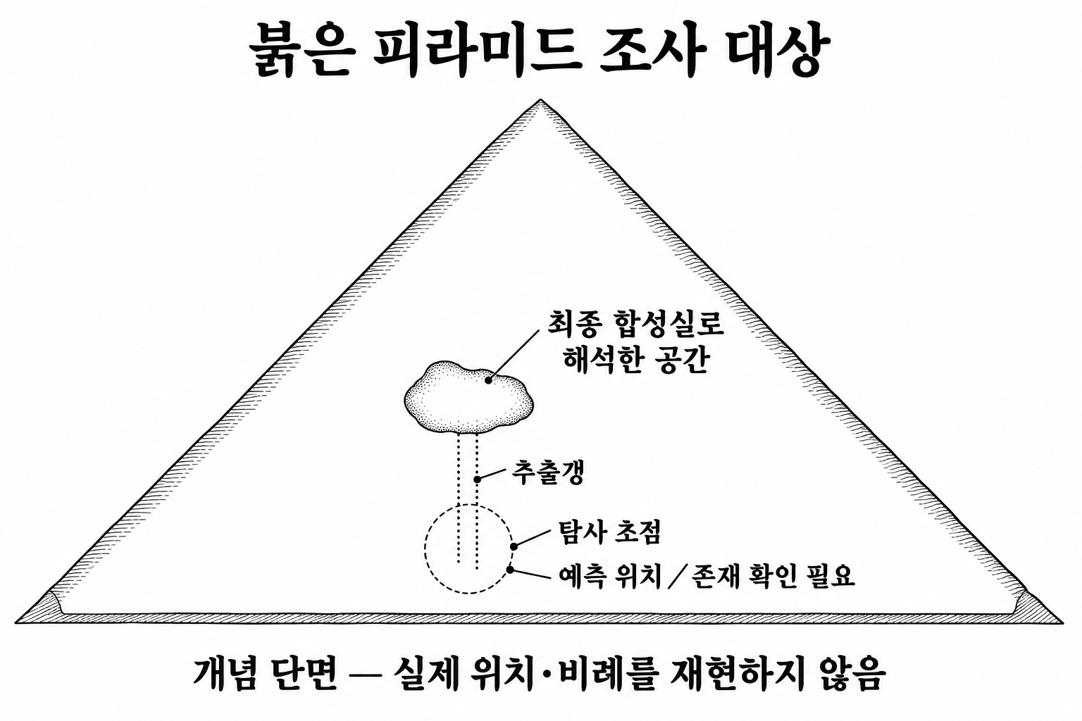 붉은 피라미드 최종 합성실 아래에서 추출갱을 찾자는 구체적인 탐사 예측.