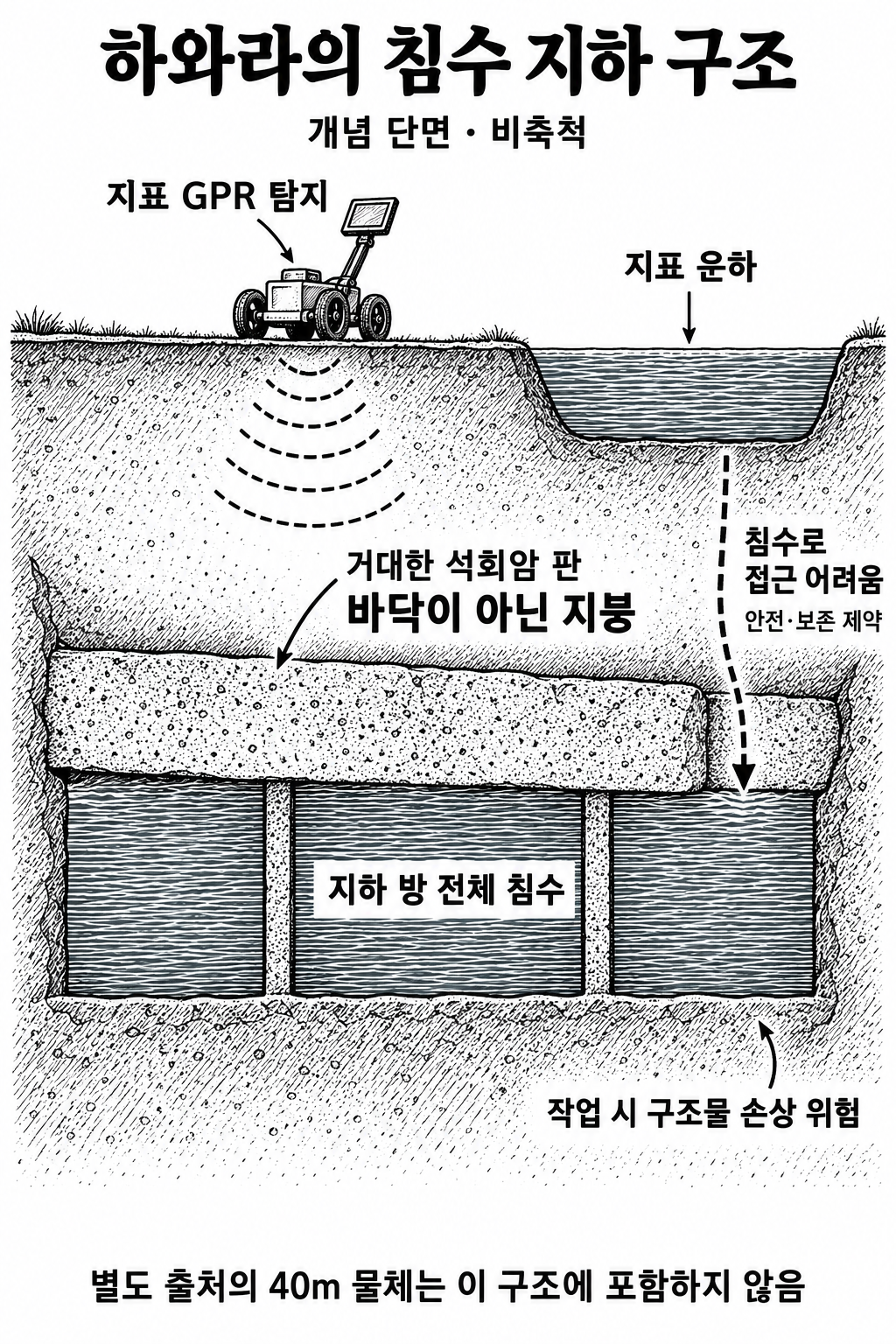 하와라 지하 방을 덮는 석회암 지붕과 침수로 인한 접근·보존상의 어려움.