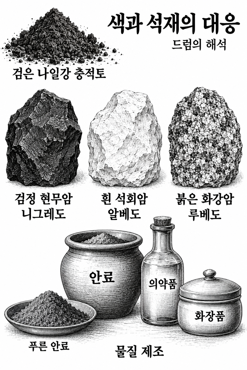 검은 나일강 흙, 이집트의 물질 제조, 연금술의 세 색과 석재를 연결하는 드럼의 해석.