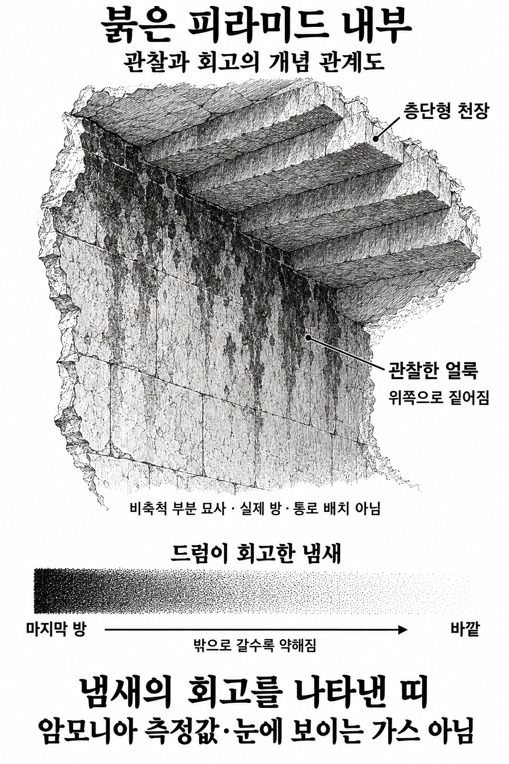 드럼이 기억한 마지막 방의 강한 암모니아 냄새와 상부에 집중된 얼룩의 위치 관계.
