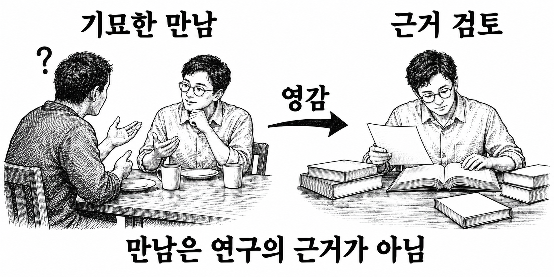정체를 알 수 없는 남성과의 만남이 준 영감과 이후 연구를 뒷받침할 근거는 별개라는 구분.