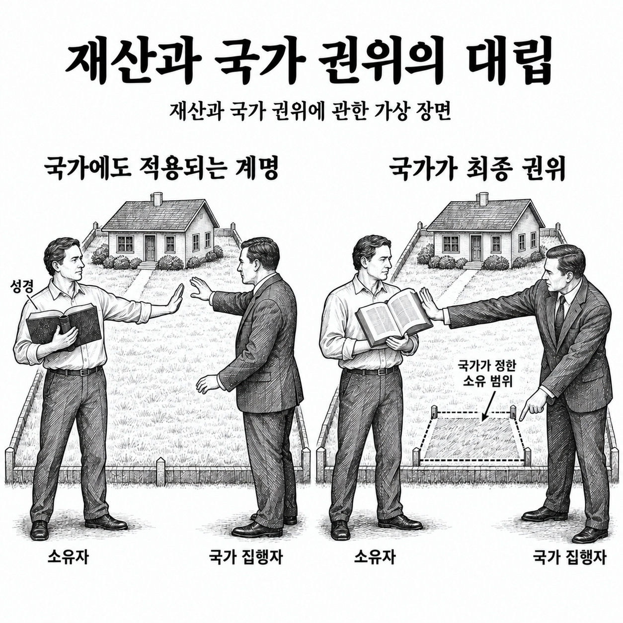 재산 몰수에 대한 성경적 항의를 인정하는 권력과 국가를 최종 권위로 삼는 권력의 대조.