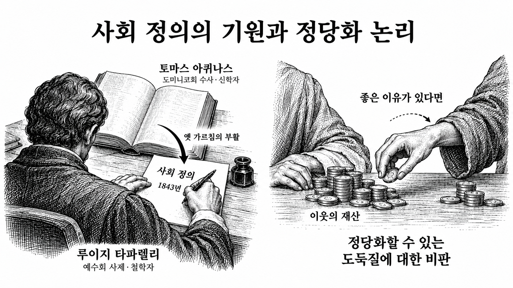 아퀴나스의 가르침을 읽고 집필하는 타파렐리와 이웃의 재산 취득을 정당화하는 논리