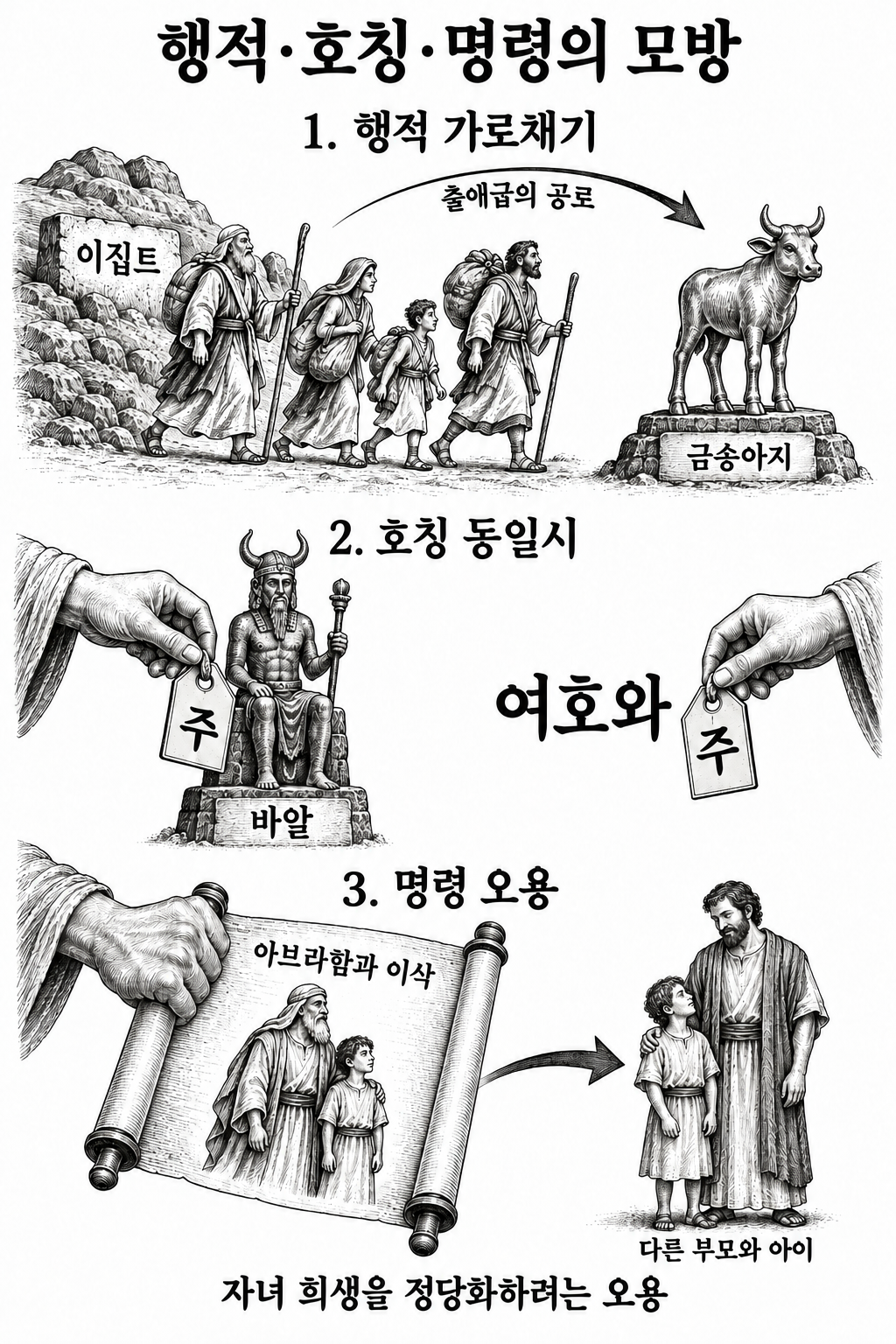 하나님의 행적과 호칭, 명령을 다른 숭배의 정당화에 이용한다는 세 가지 설명.