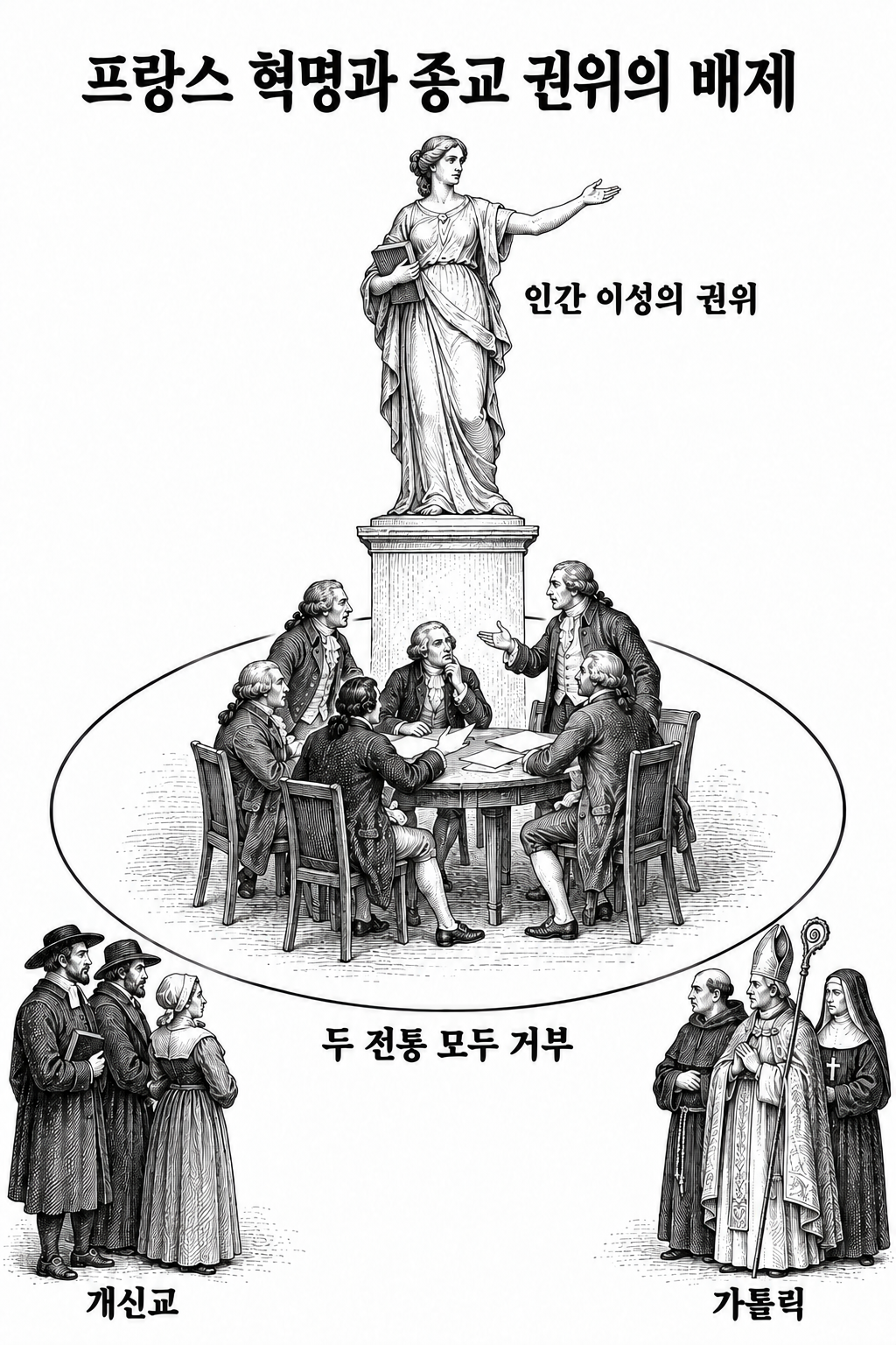 가톨릭에서 개신교로의 전환이 아니라 두 전통을 모두 거부하는 운동이었다는 본문의 해석.
