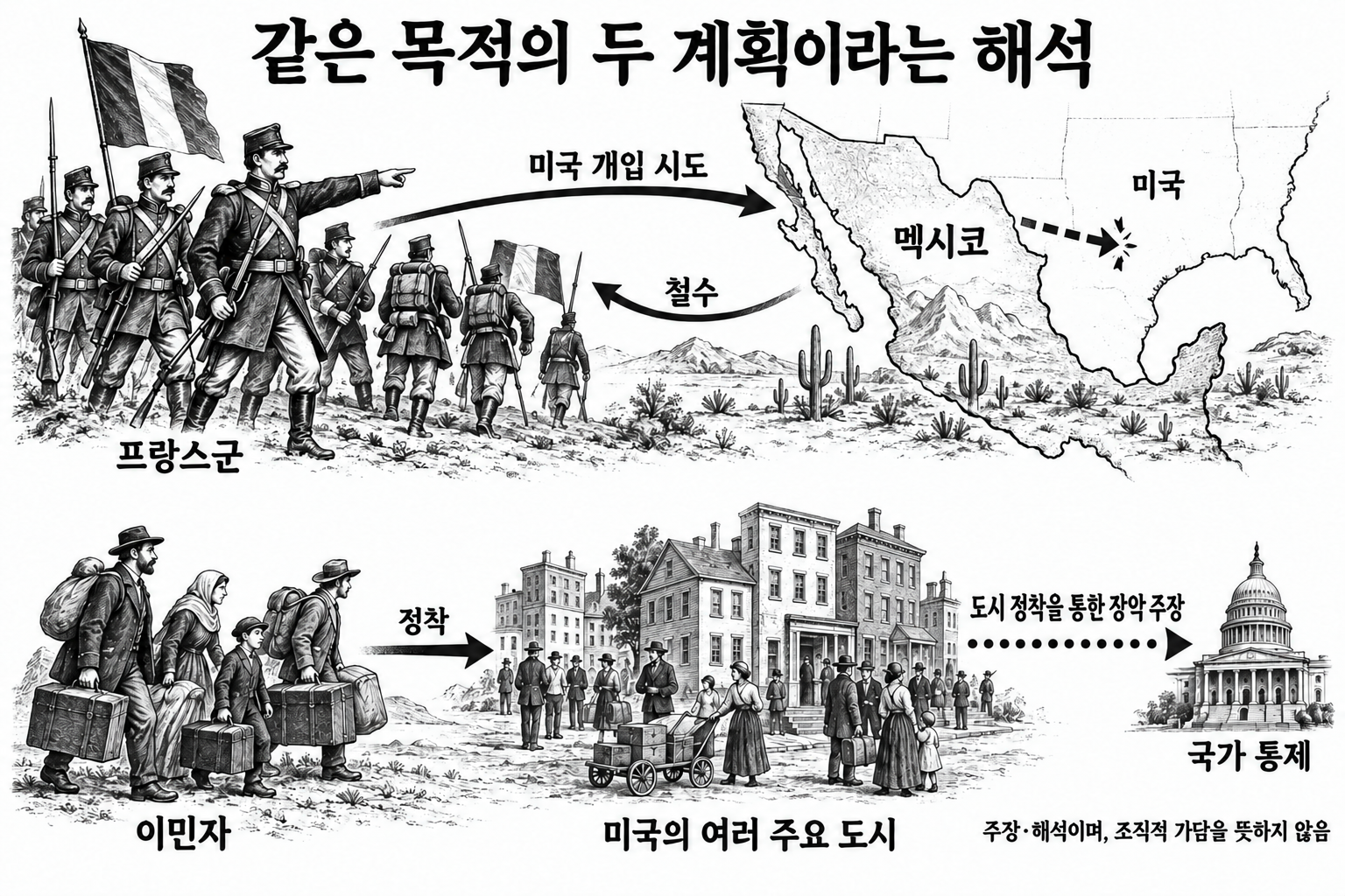 실패한 군사 개입과 도시 정착을 통한 장악을 같은 목적의 계획으로 연결하는 주장.